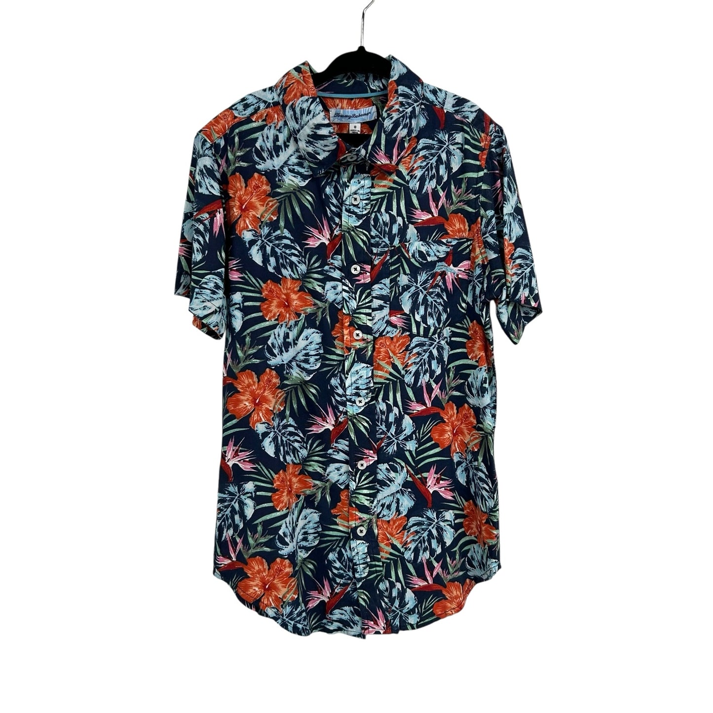 Tommy Bahama Blue Orange Tropical Print Short Sleeve Button Down Shirt Boys 8