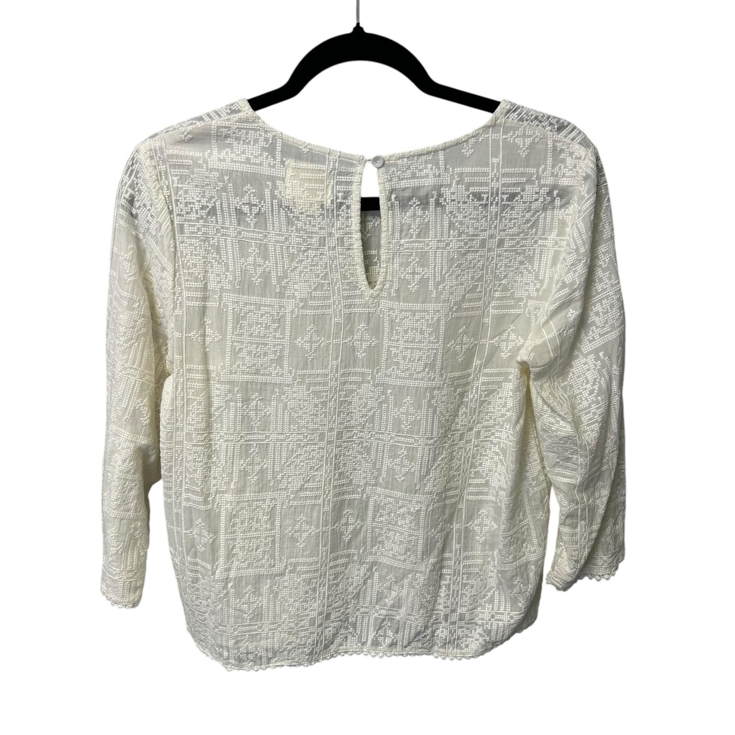 Maeve Ivory Textured Semi Sheer Rayon 3/4 Sleeve Crochet Trim Top Womens Small