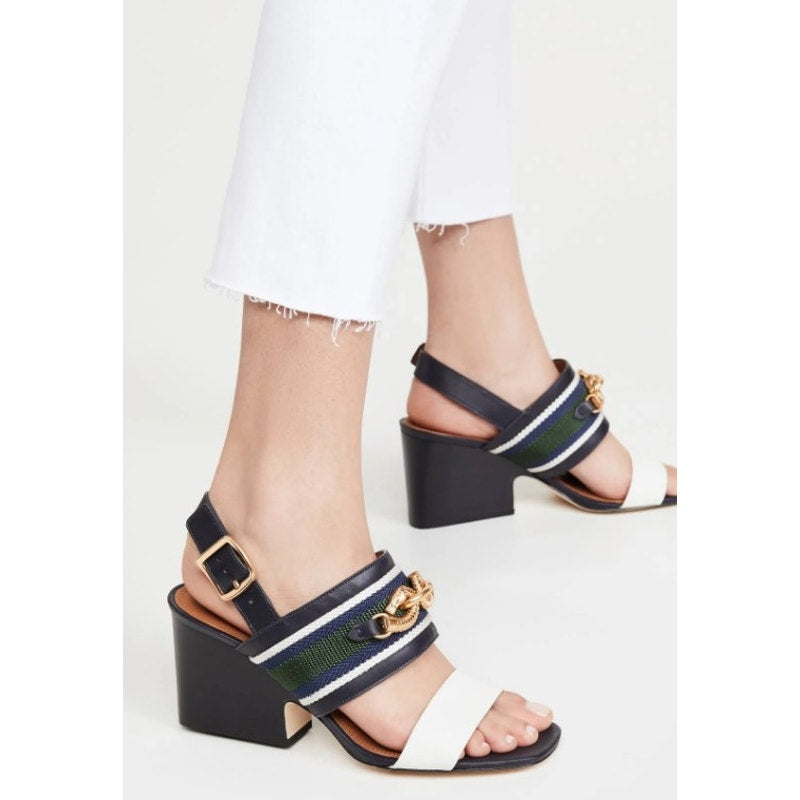 Tory Burch Navy Green White Jessa Slingback Block Heel Sandals Womens 8.5