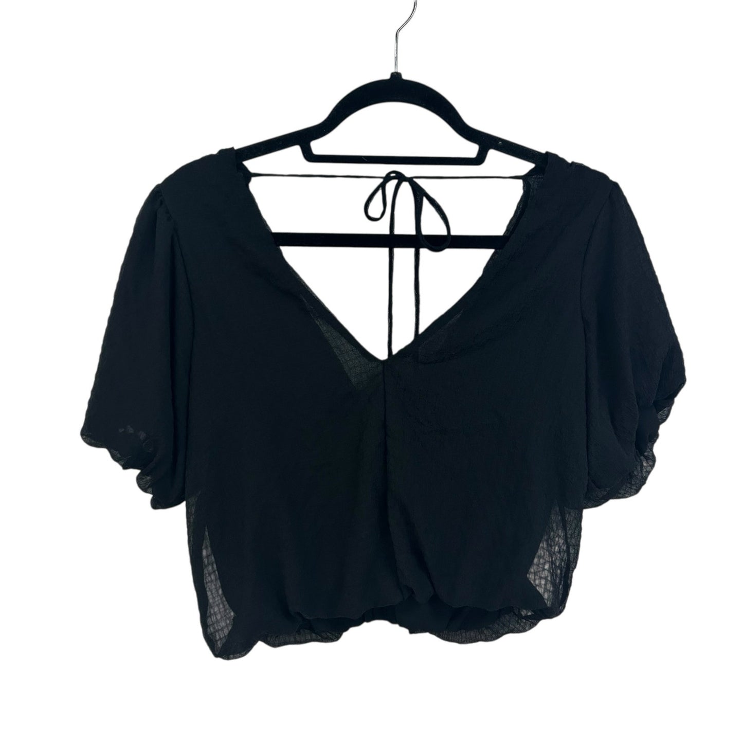ASTR The Label Black Gauze Short Bubble Sleeve Tie Back Crop Top Womens XS
