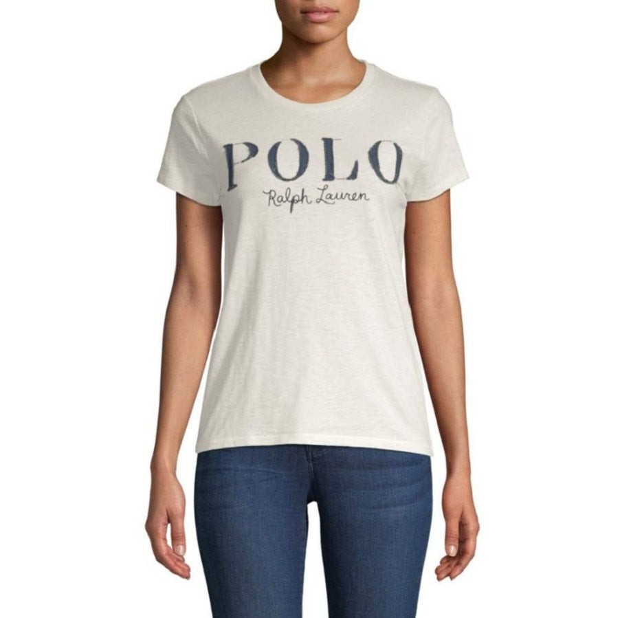 NWT Polo Ralph Lauren White Navy Embroidered Short Sleeve Top Womens Small