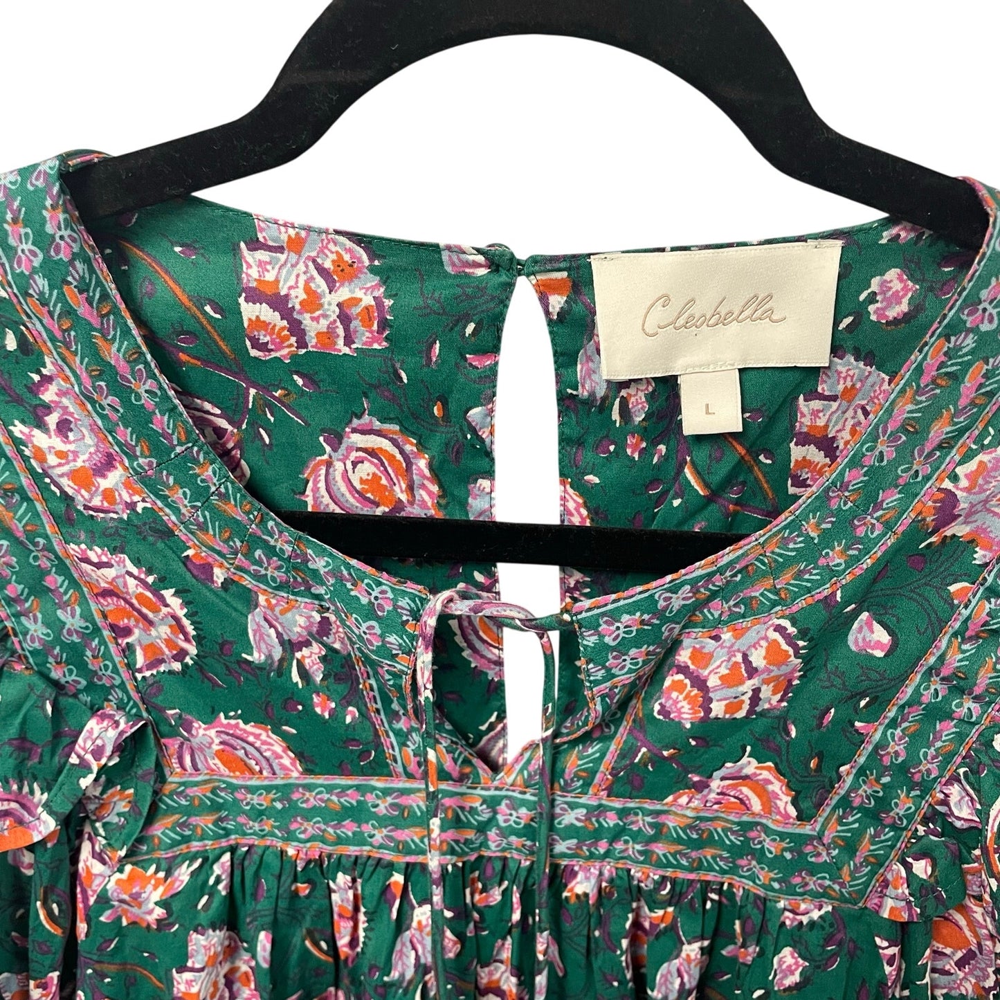 Cleobella Puff Sleeve Tie Neck Mylah Blouse In Jade Floral Green Purple Large