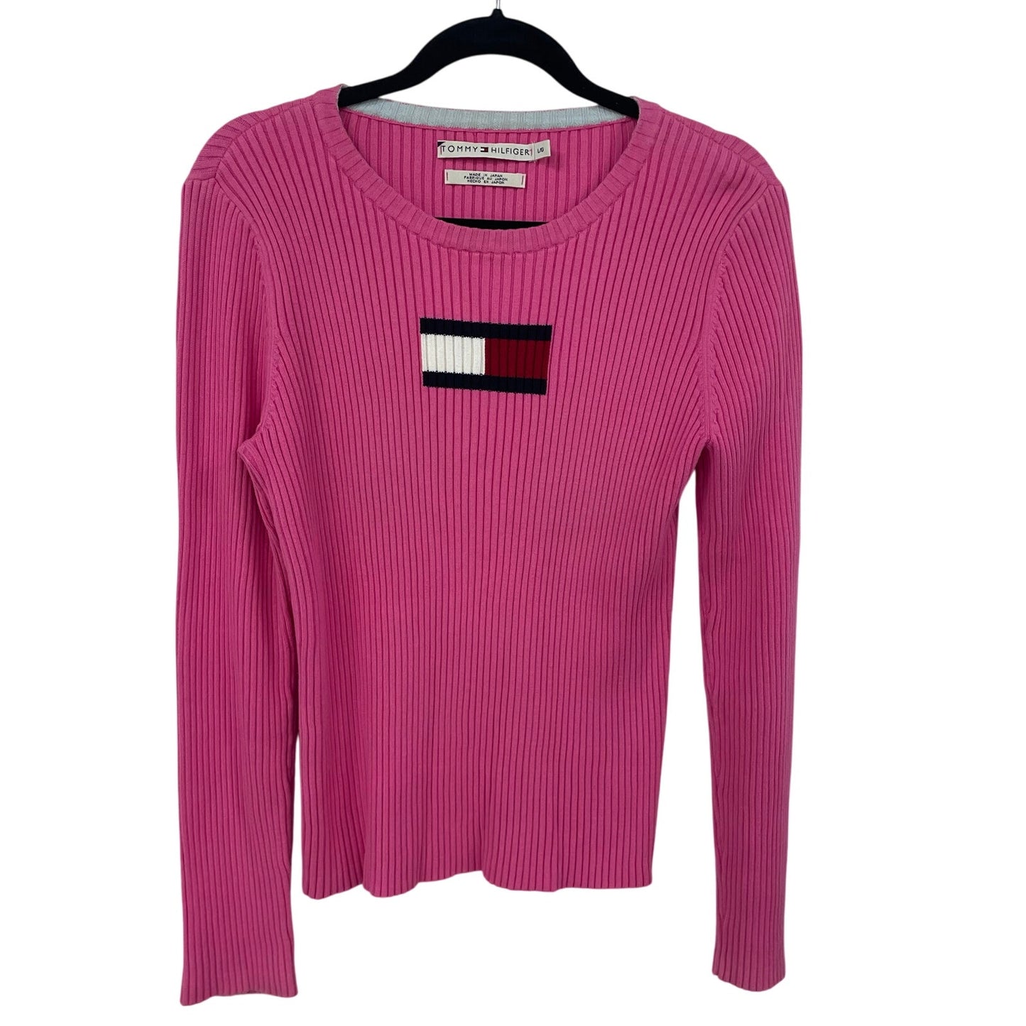Y2K Tommy Hilfiger Pure Cotton Ribbed Knit Logo Sweater Pink Womens Large