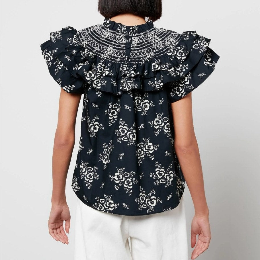 SEA New York Black White Floral Flutter Ruffle Sleeve Alessia Top Womens Medium