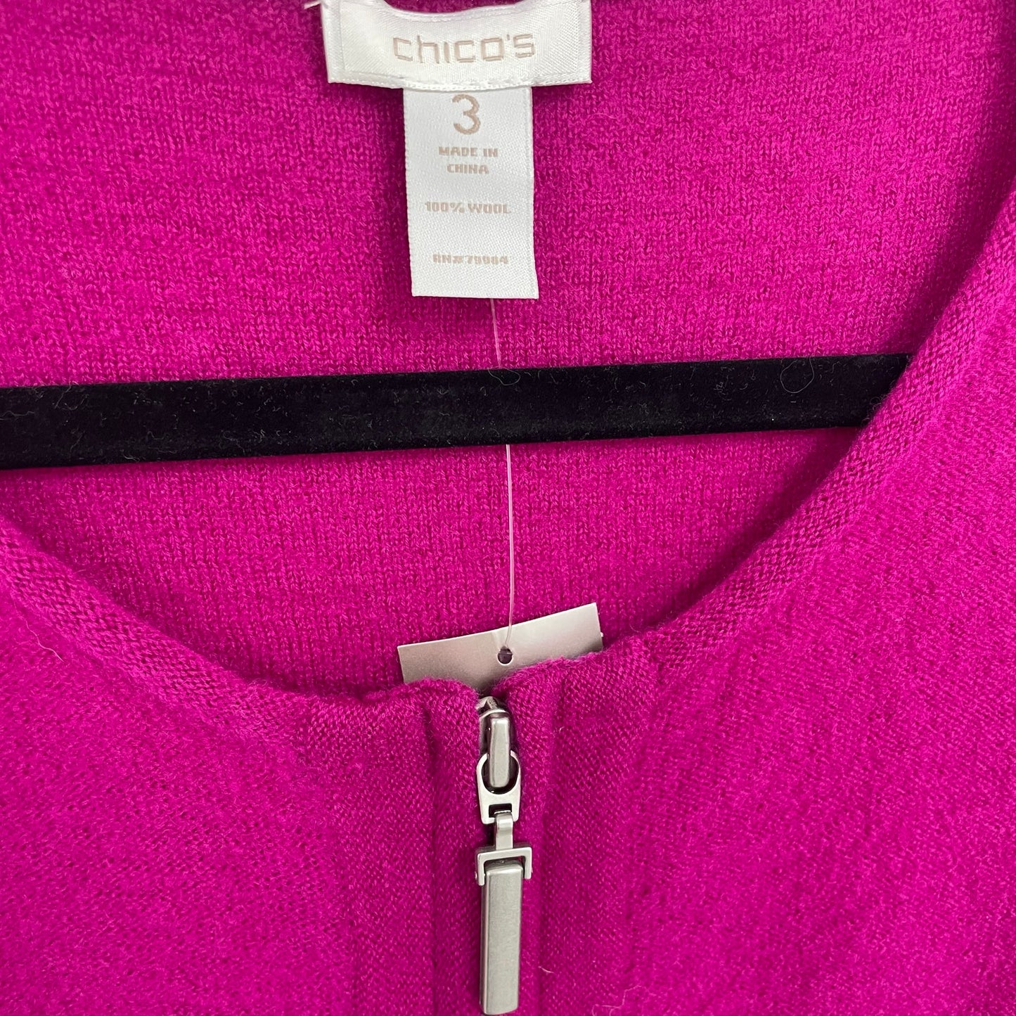 NWT Chico’s 100% Wool Ruffle Hem Renee Zip Up Cardigan Magenta Pink Womens 16