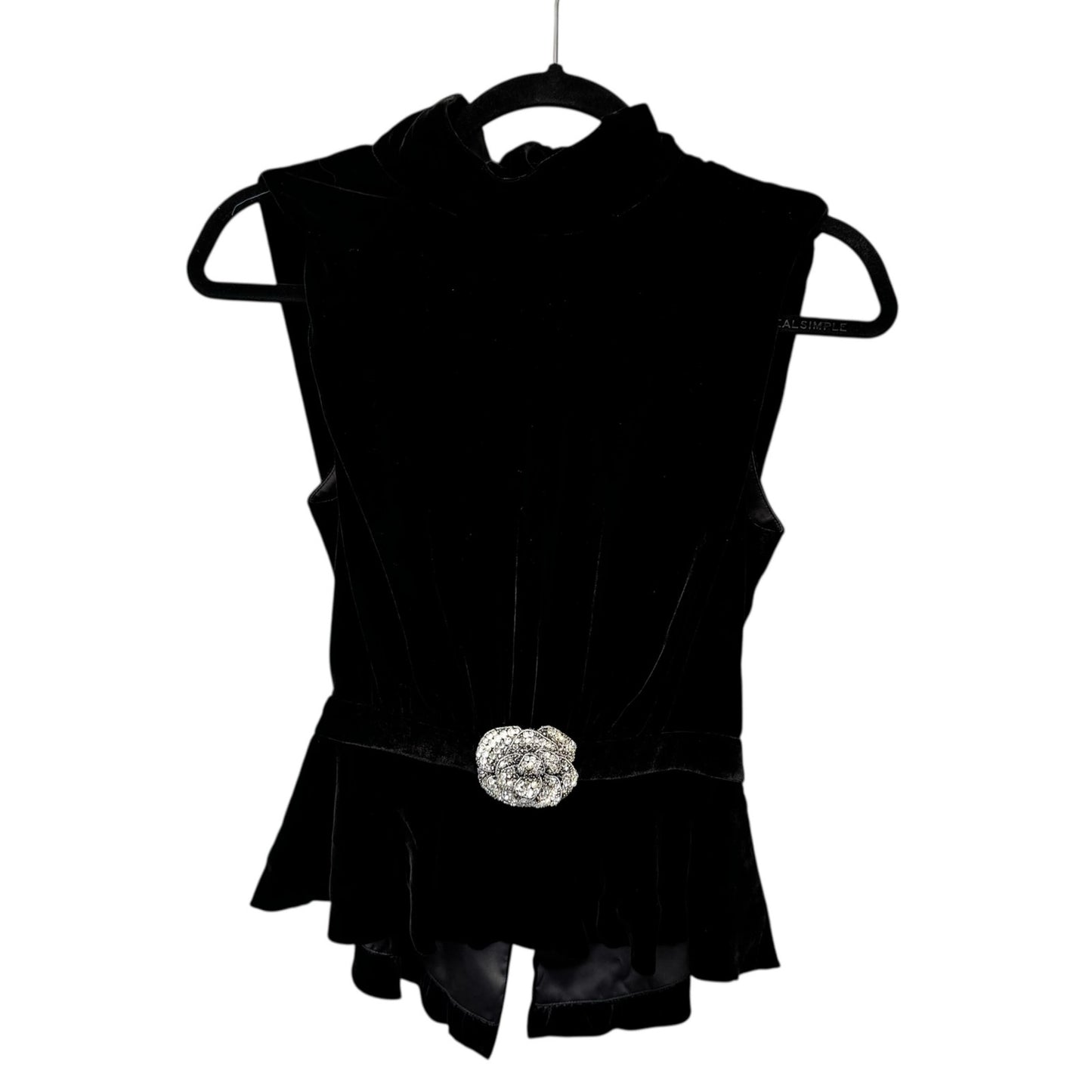NWT Saloni Black Sleeveless High Neck Fleur Velvet Rose Applique Top Womens 6