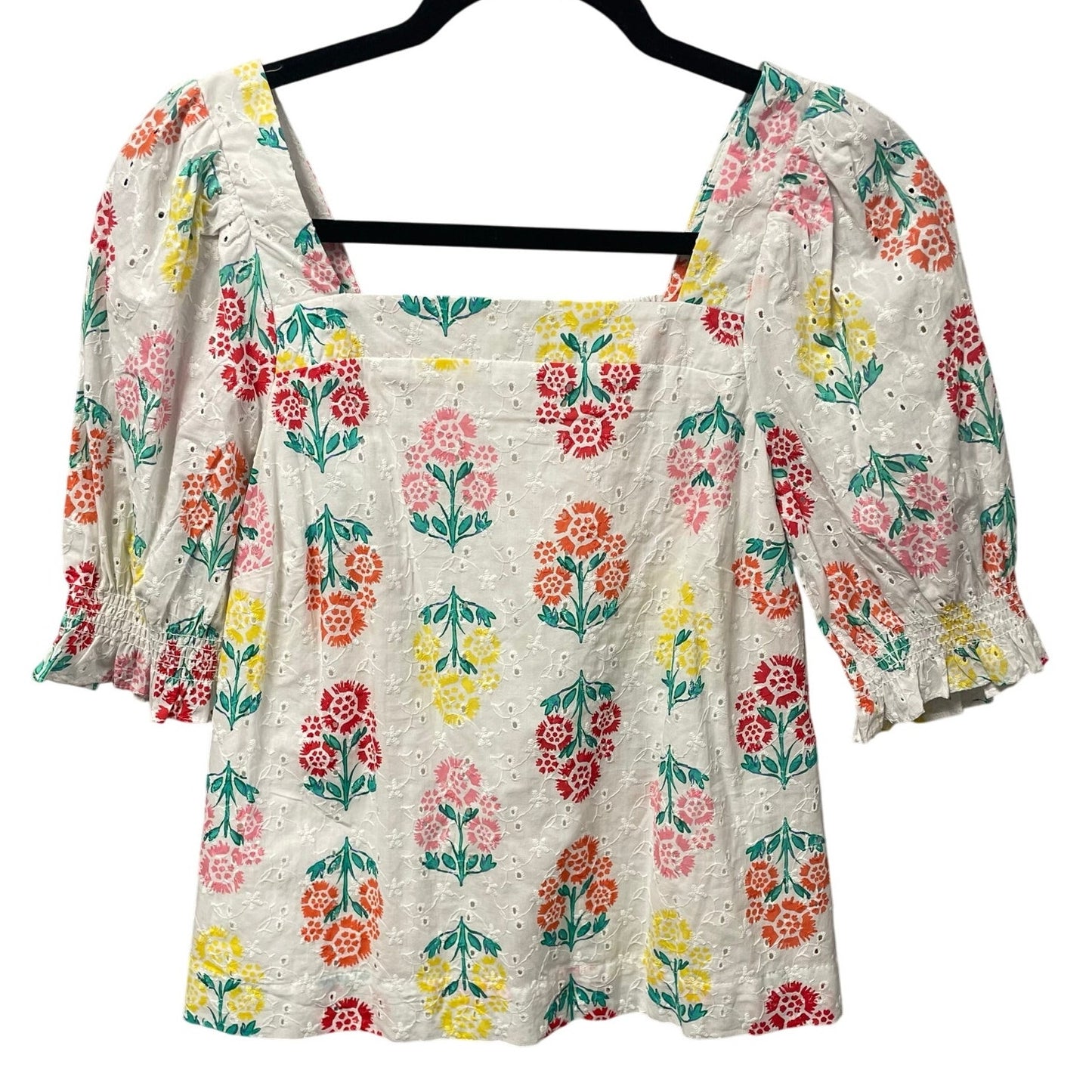 Draper James RSVP Eyelet Puff Shoulder Square Neck Top White Multi Floral Small
