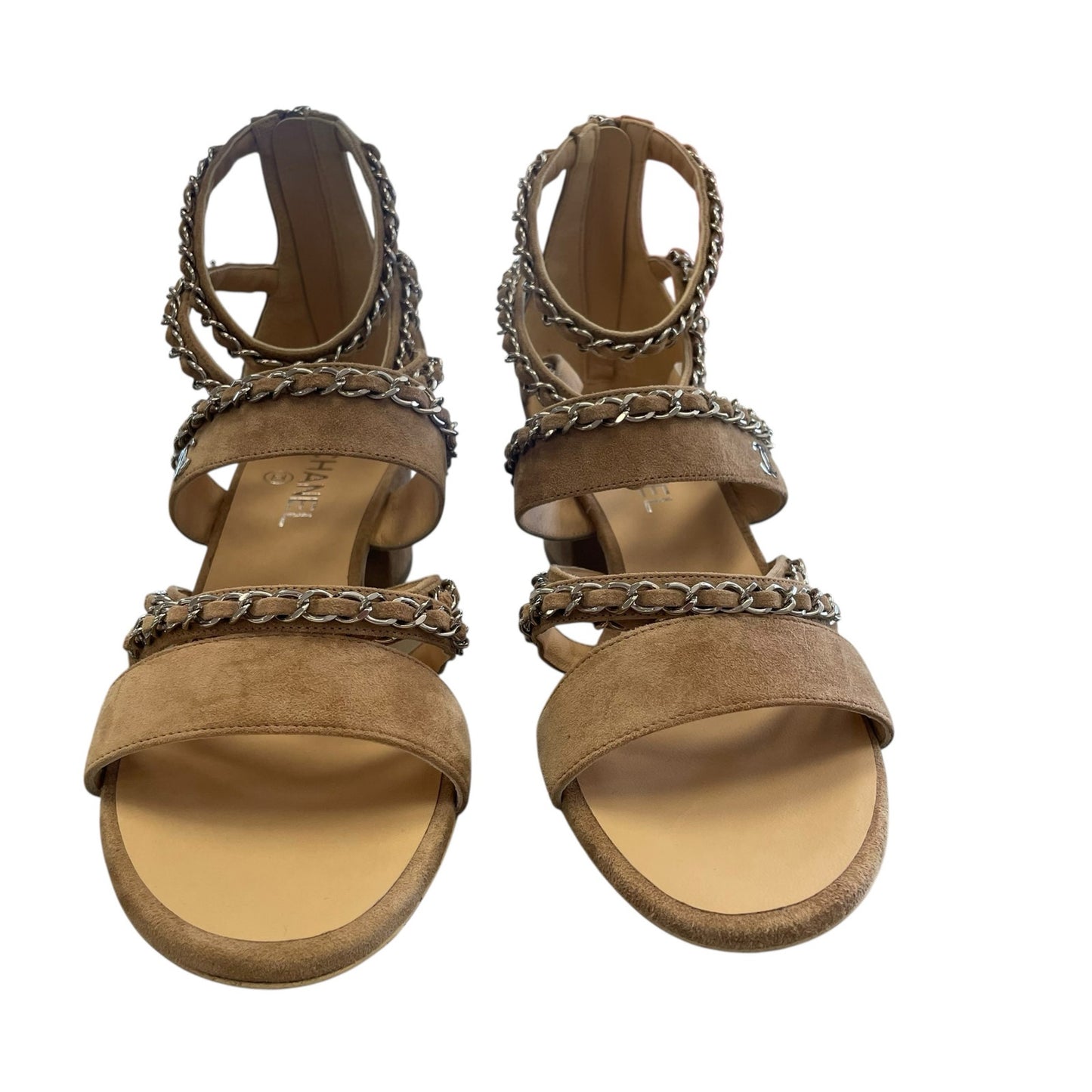 Chanel Tan Suede Silver Chain Accent Logo Block Heel Sandal Womens 39.5 / US 8.5