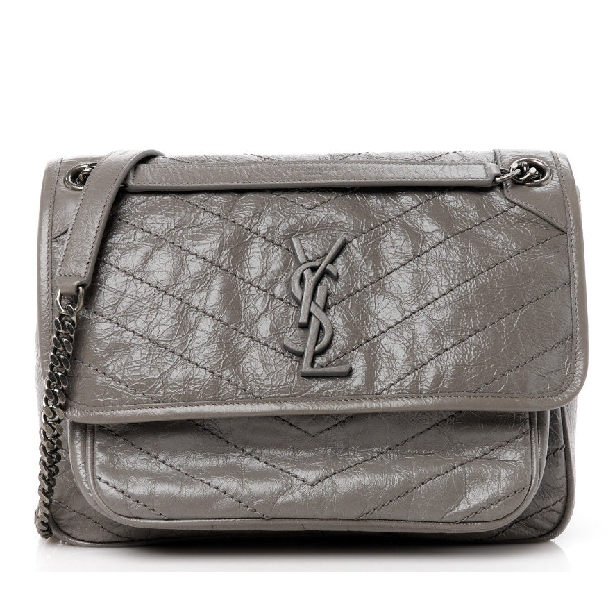 Yves Saint Laurent Fog Grey Crinkled Calfskin Monogram Niki Chain Satchel