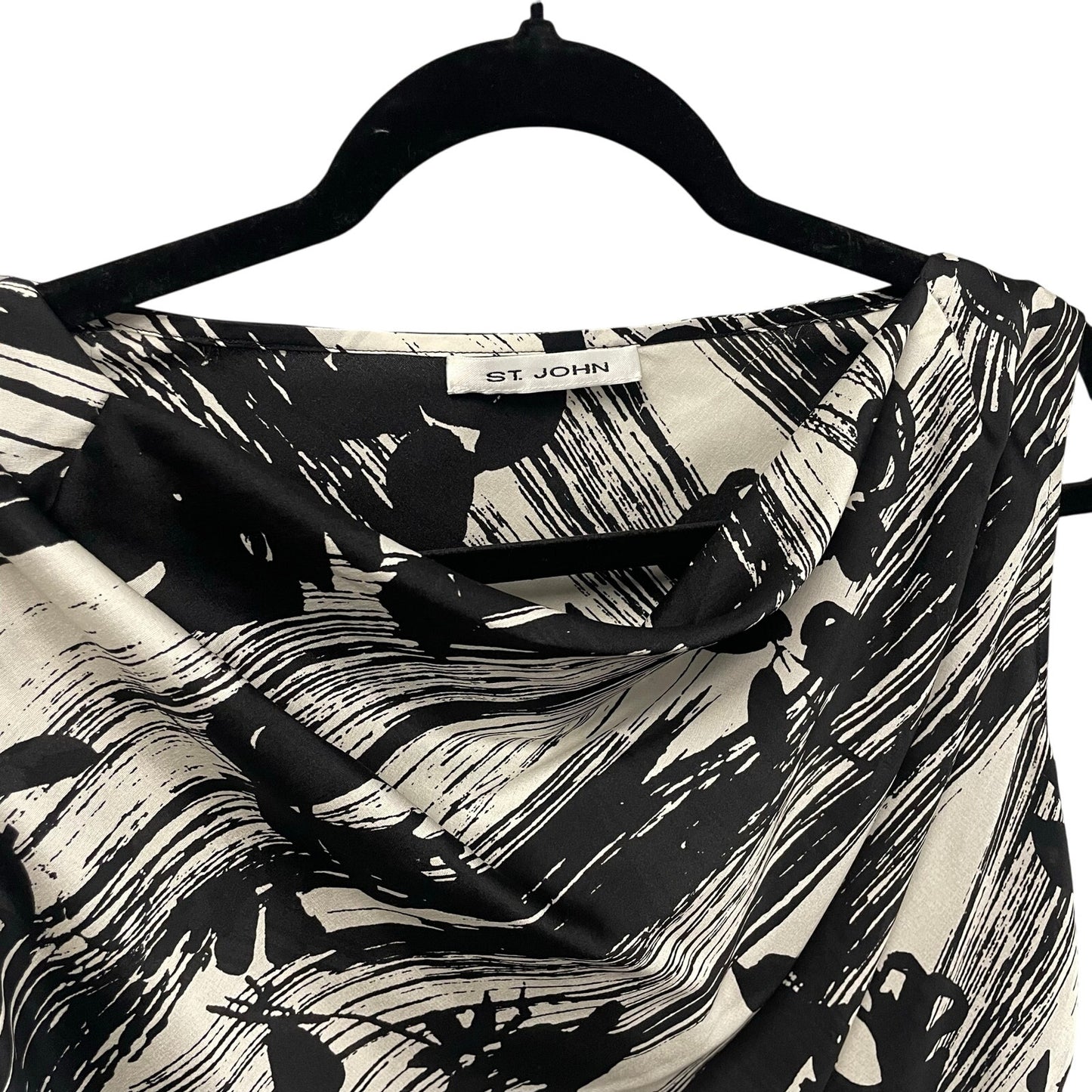 St. John Pure Silk Black White Floral Striped Sleeveless Draped Neck Top Small?