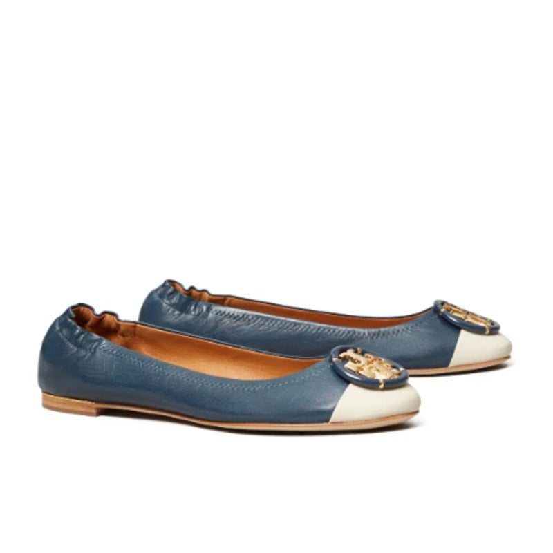 Tory Burch Multi Logo Cap Toe Leather Elastic Round Toe Ballet Flats Womens 7
