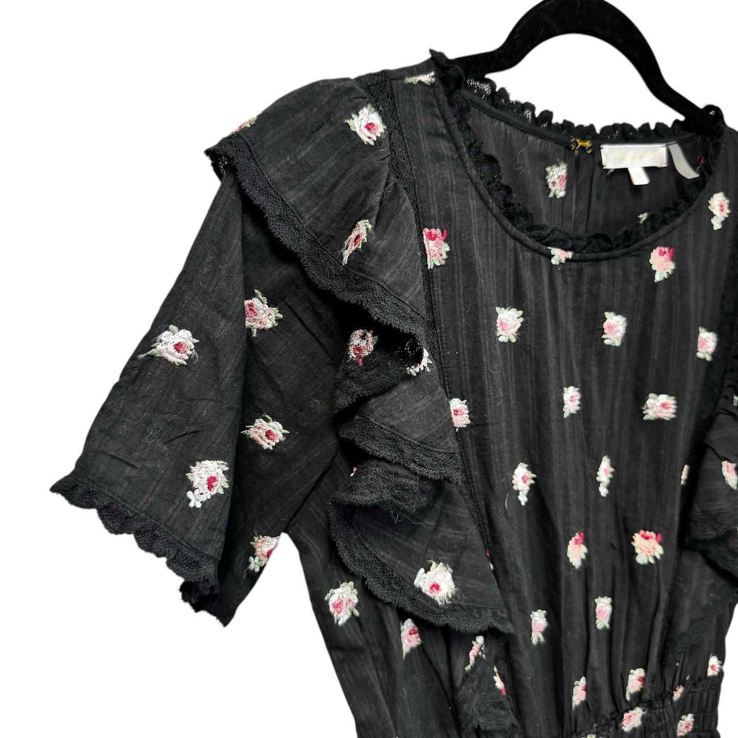 LoveShackFancy Short Sleeve Ruffle Mini Natasha Dress Black Combo Floral Size XS