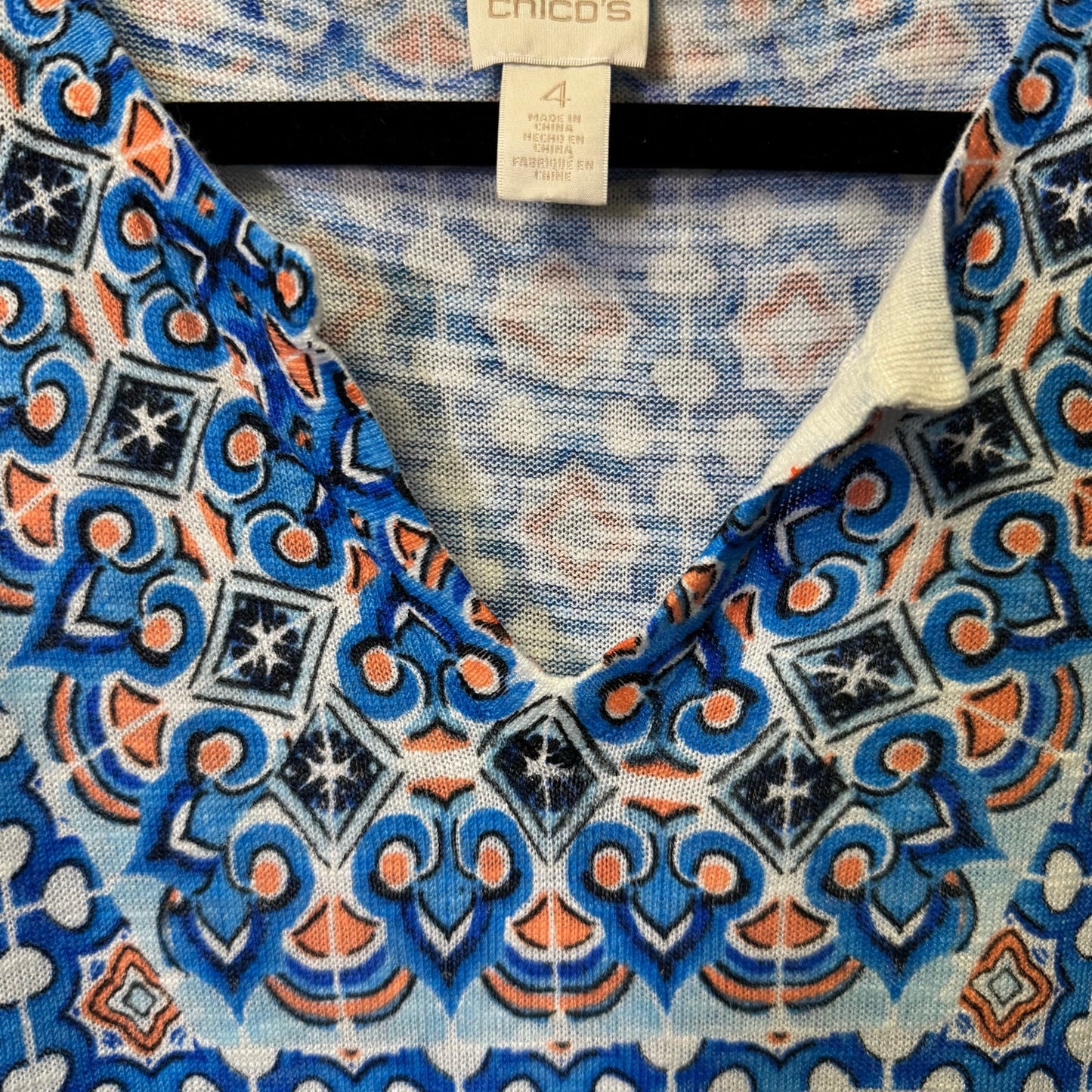 Chico’s Blue Orange Geometric Print Short Sleeve V Neck Ramie Top Womens 20