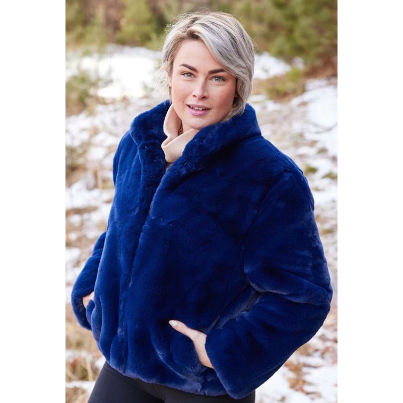 NWT Pretty Rugged Faux Fur Bomber Jacket Coat in Marine Navy Blue Womens Medium