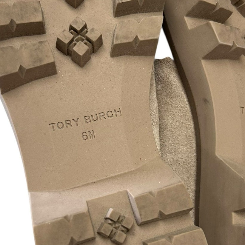 Tory Burch Avola Tan Suede Leather Gold Logo Everly Chunky Loafers Womens 6