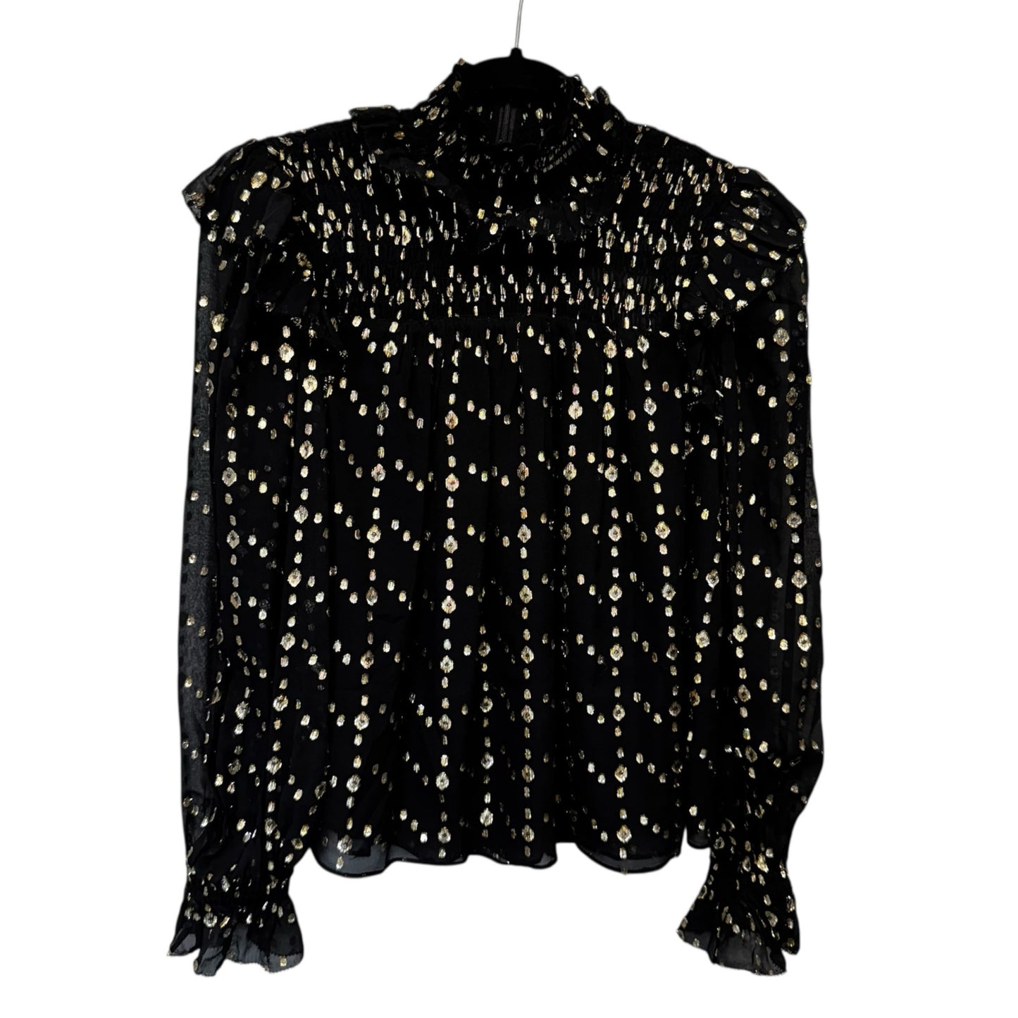 NWT Ulla Johnson Black Gold Cosmo Print Long Sleeve Mock Neck Mila Silk Blouse 2