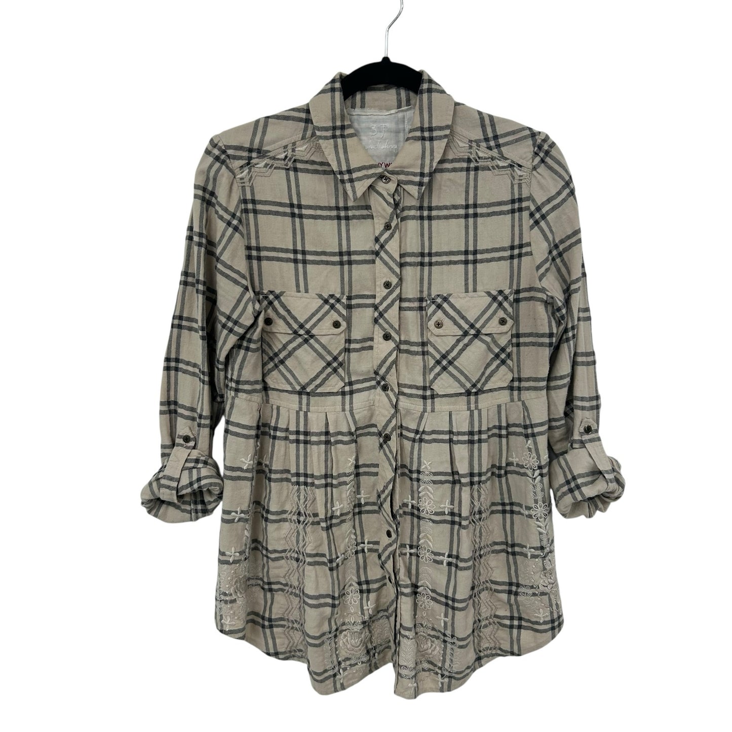 Johnny Was Workshop Tan Black Plaid Babydoll Button Up Shirt Womens Small