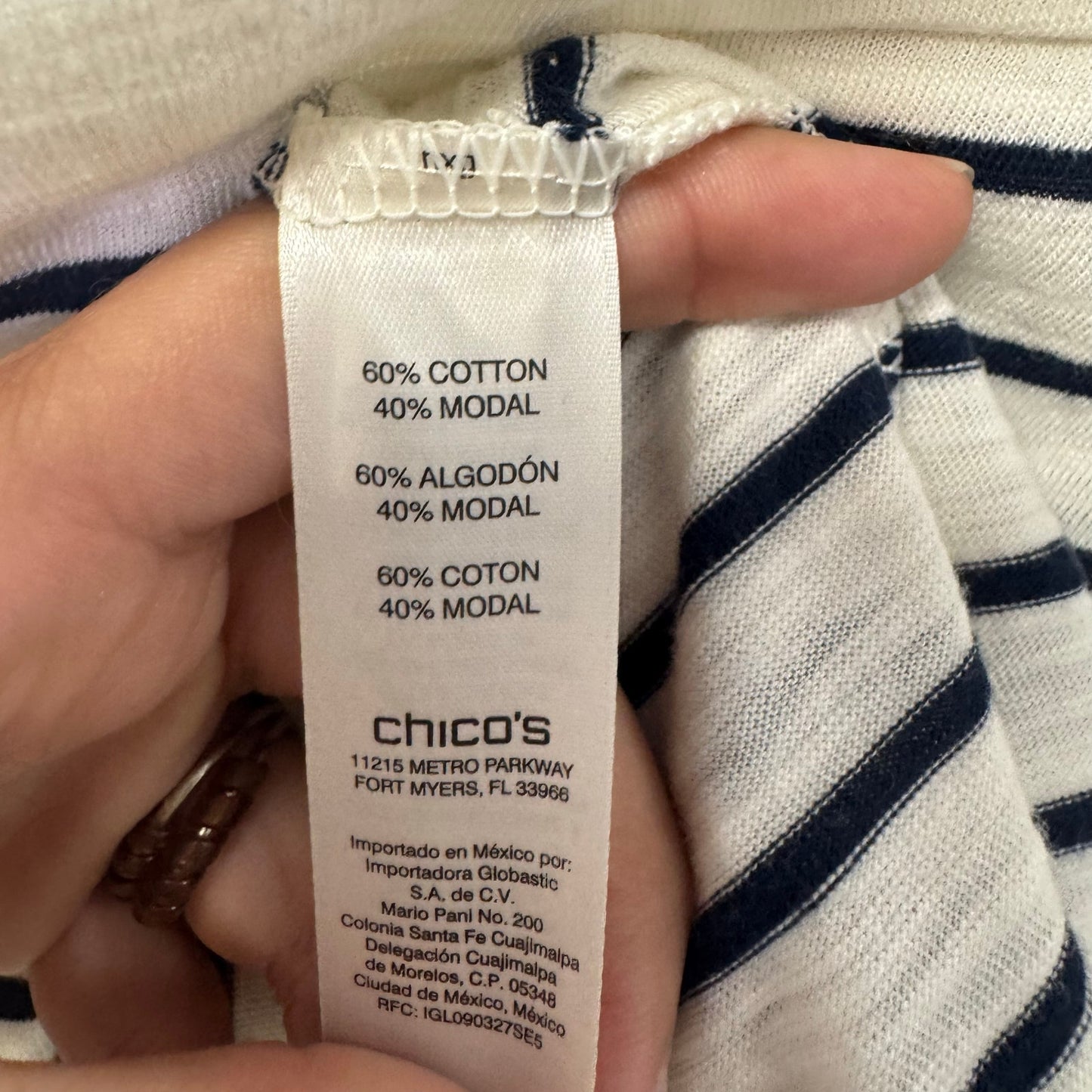 NWT Chico's White Navy Stripe 3/4 Sleeve Round Neck Cotton Knit Top Womens 16