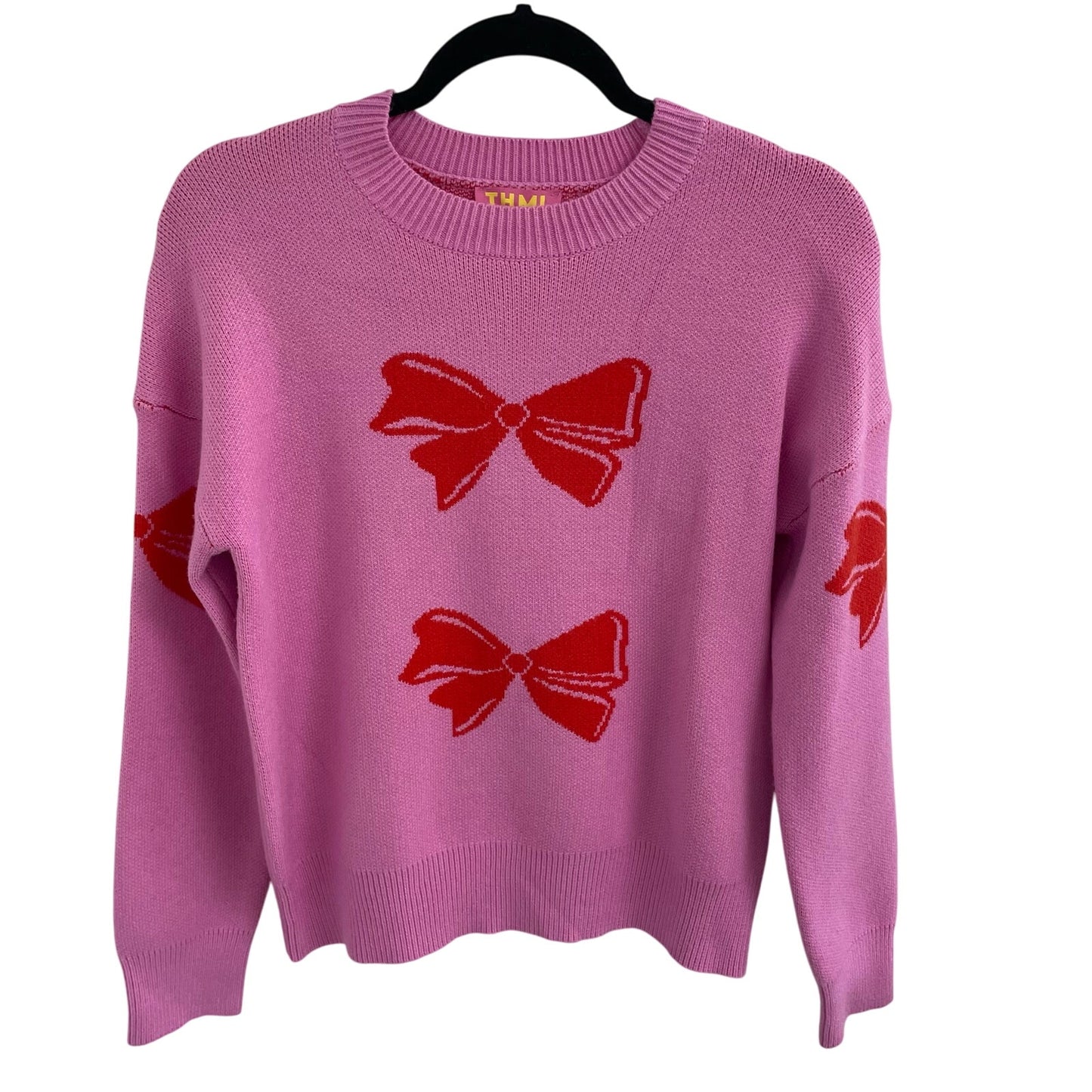 NWT THML Pullover Crewneck Bow Sweater Pink Red Womens Size XS