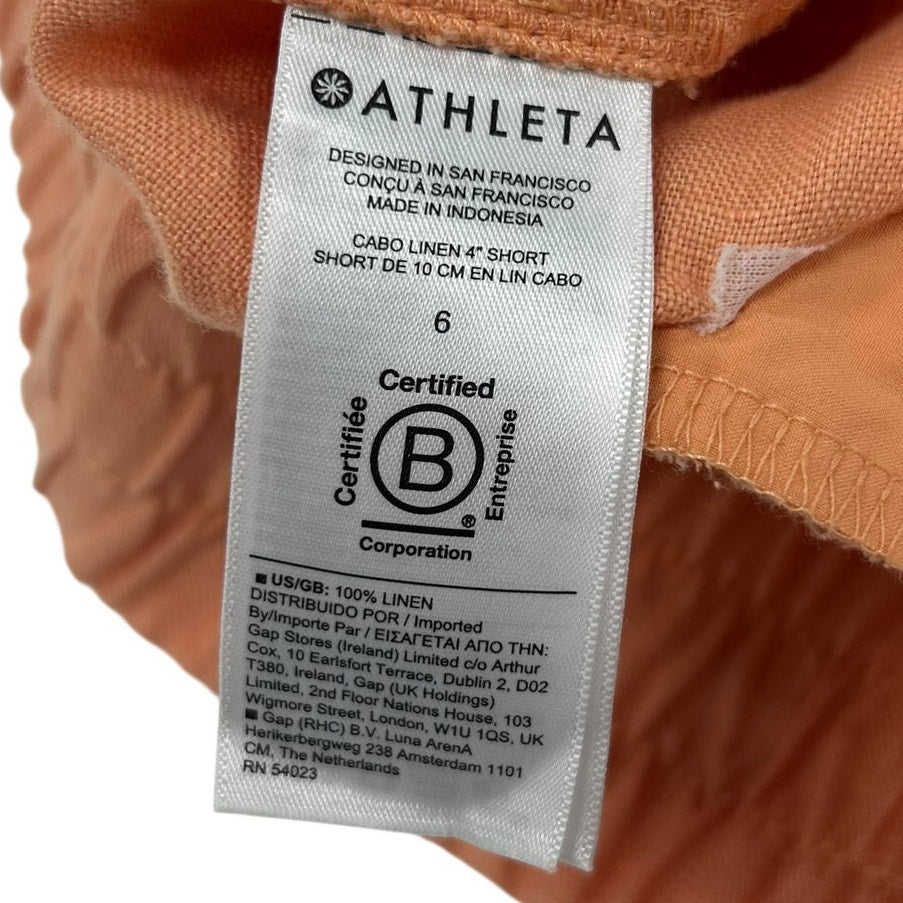 Athleta Light Orange Elastic Waist Drawstring Cabo Linen 4” Short Womens Size 6