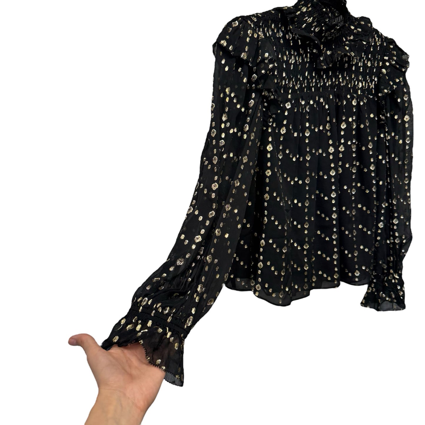 NWT Ulla Johnson Black Gold Cosmo Print Long Sleeve Mock Neck Mila Silk Blouse 2