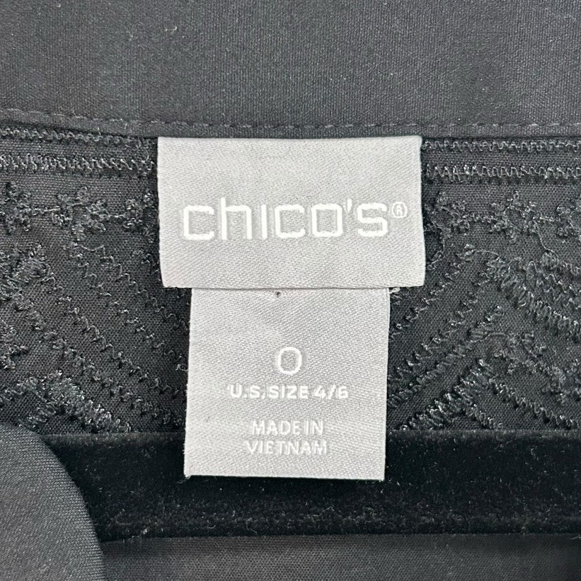 Chico’s Black Split Neck Embroidered 3/4 Sleeve Cotton Blend Dress Womens US 4/6