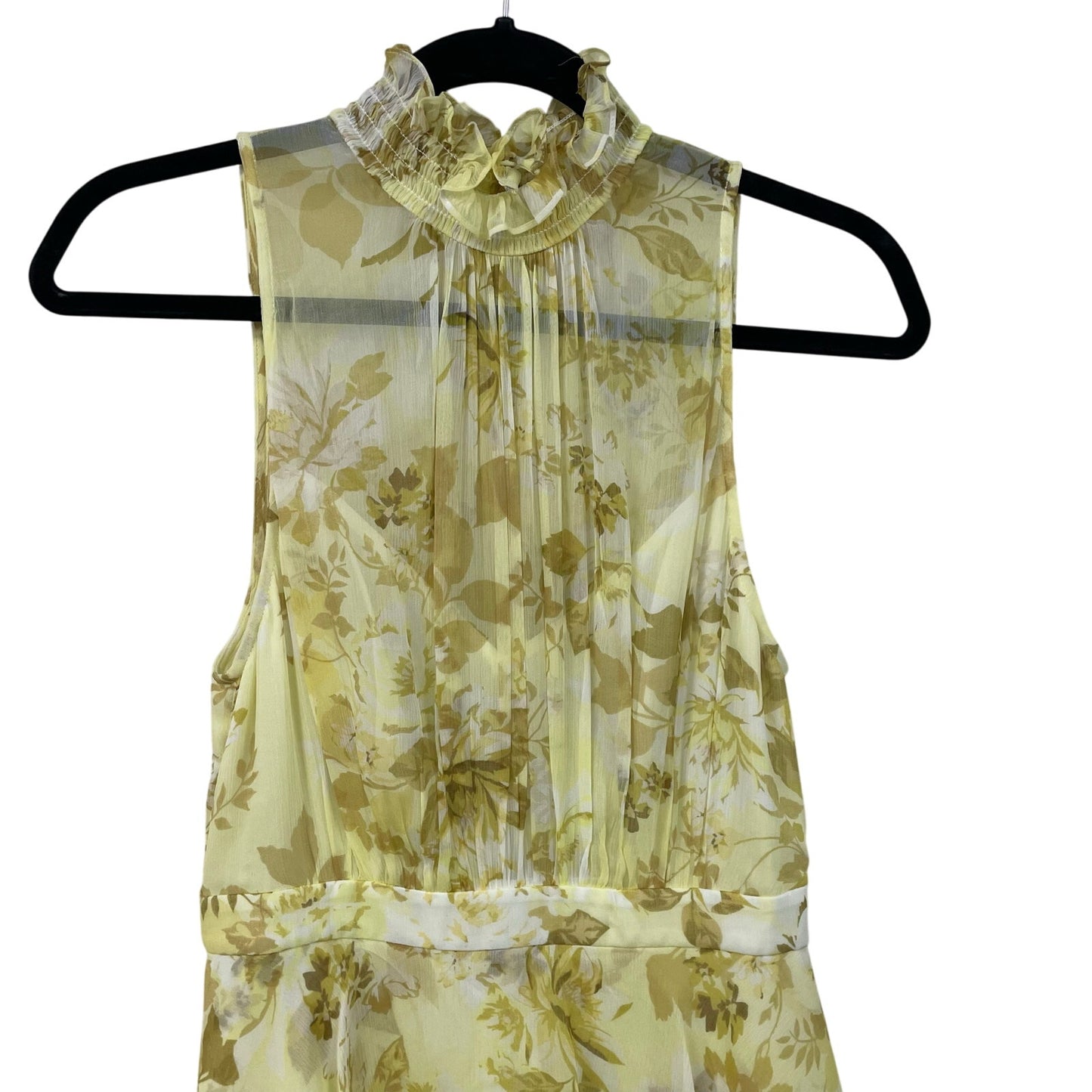 Shona Joy Light Yellow Floral Leticia Tiered Dress Mock Neck Midi Length US 4
