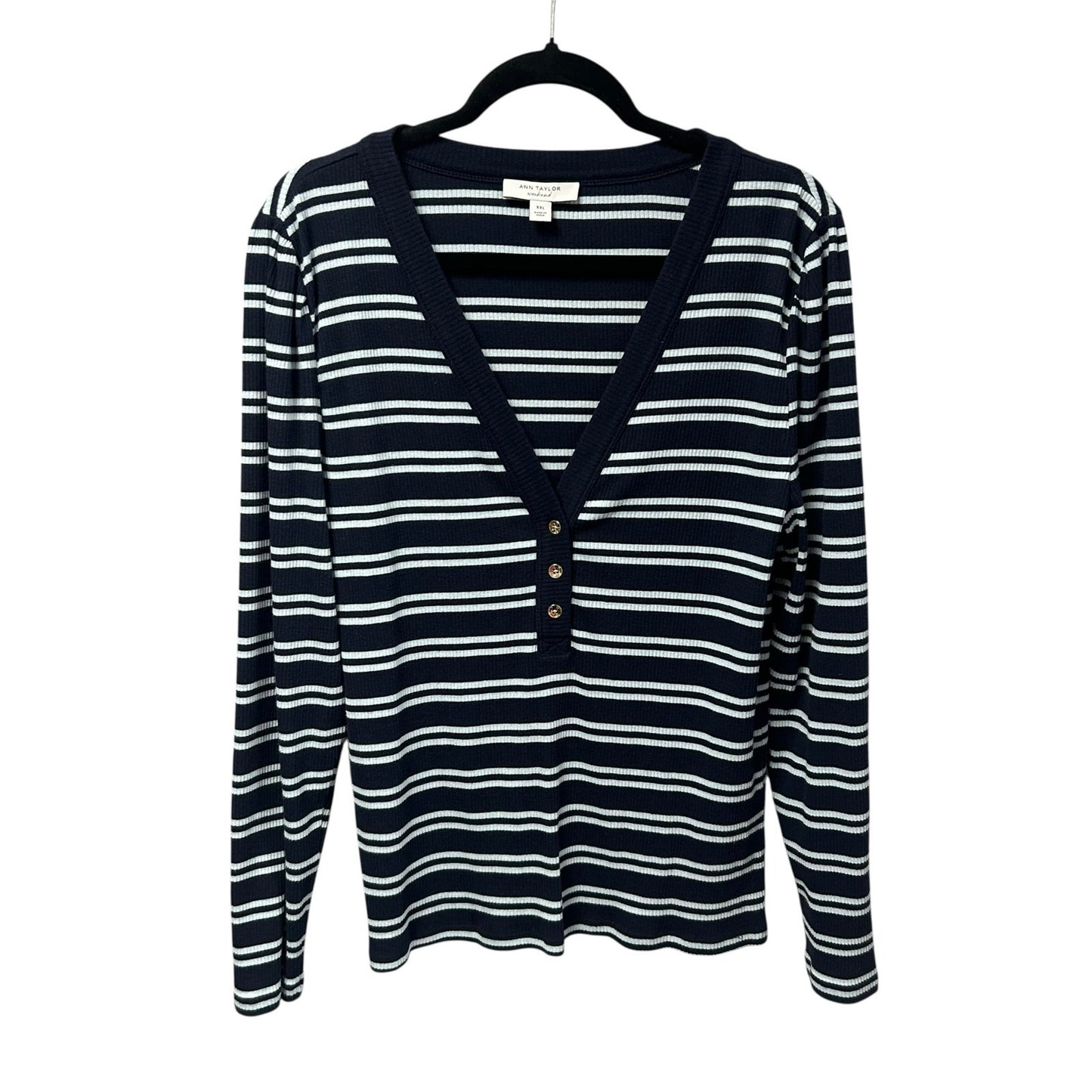 Ann Taylor Navy Weekend Collection Striped Puff Sleeve Henley Top Womens XXL