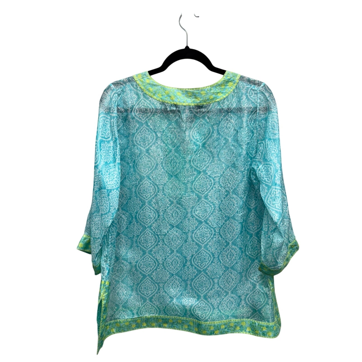 Gretchen Scott Turquoise Lime 3/4 Sleeve Easy Breezy Silk Tunic Womens Large