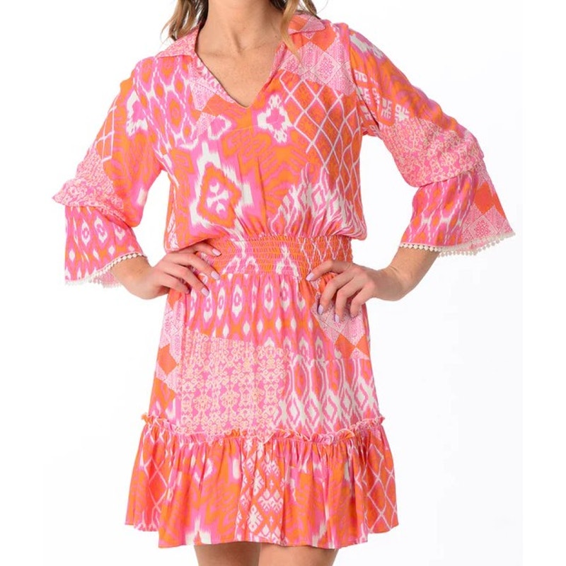 Walker & Wade Mia Dress in Flamingo Pink Orange Ikat Print Womens Medium