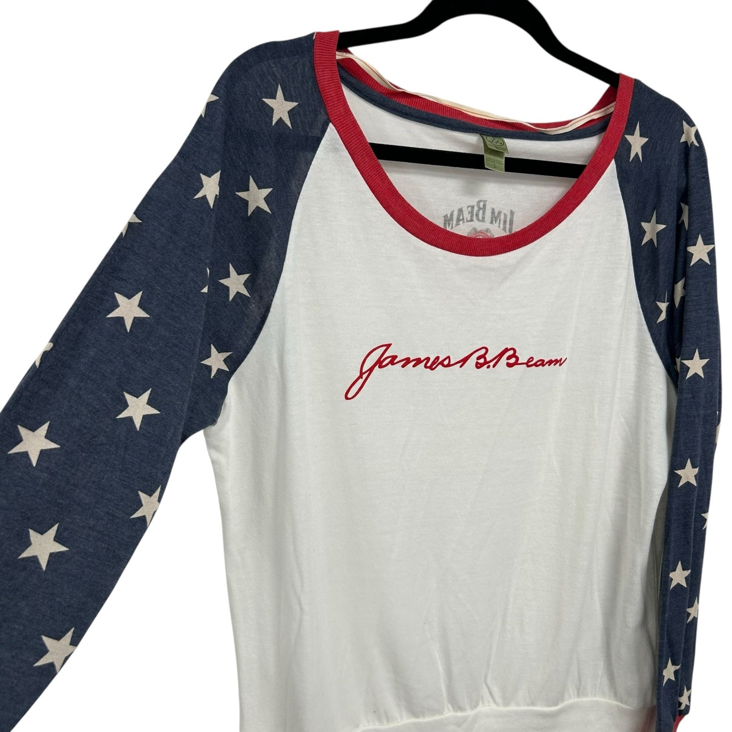 James B. Beam Red White Blue Star Print Sleeve 4th of July Top Womens Large