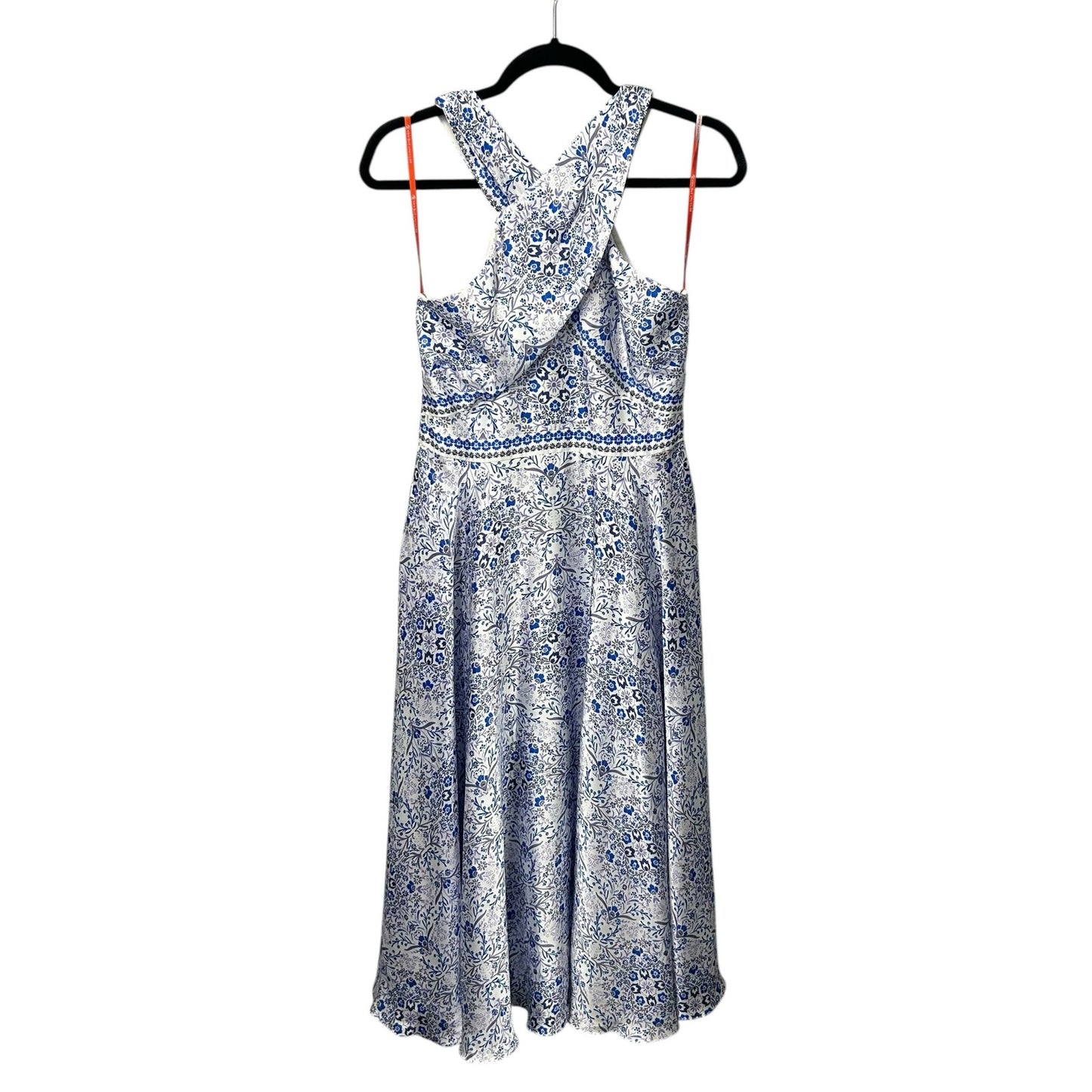 Monique Lhuillier Blue White Floral Print Melete Crossover Midi Dress Womens 8