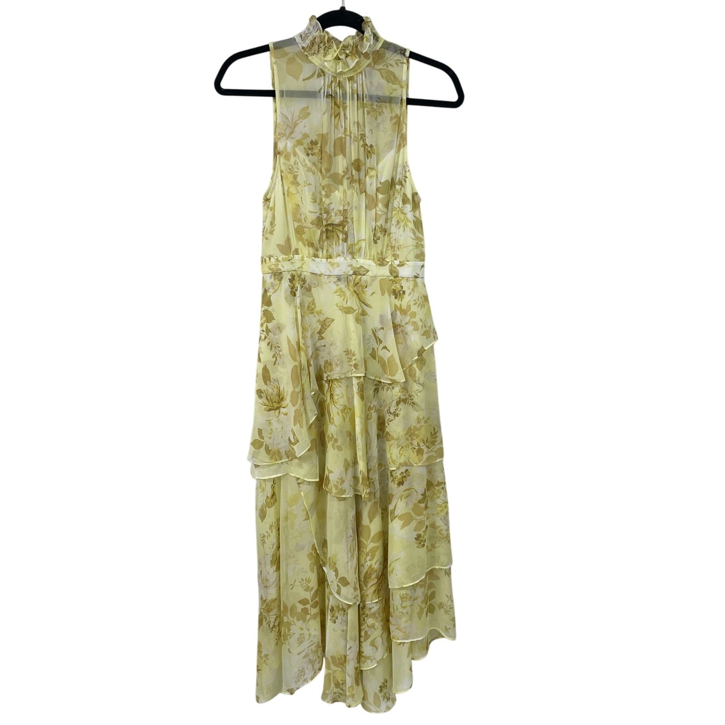 Shona Joy Light Yellow Floral Leticia Tiered Dress Mock Neck Midi Length US 4