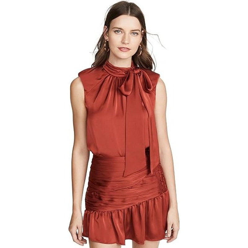 NWT Ramy Brook in Clay Red Sleeveless Mock Tie Neck Aviva Top Womens X-Small