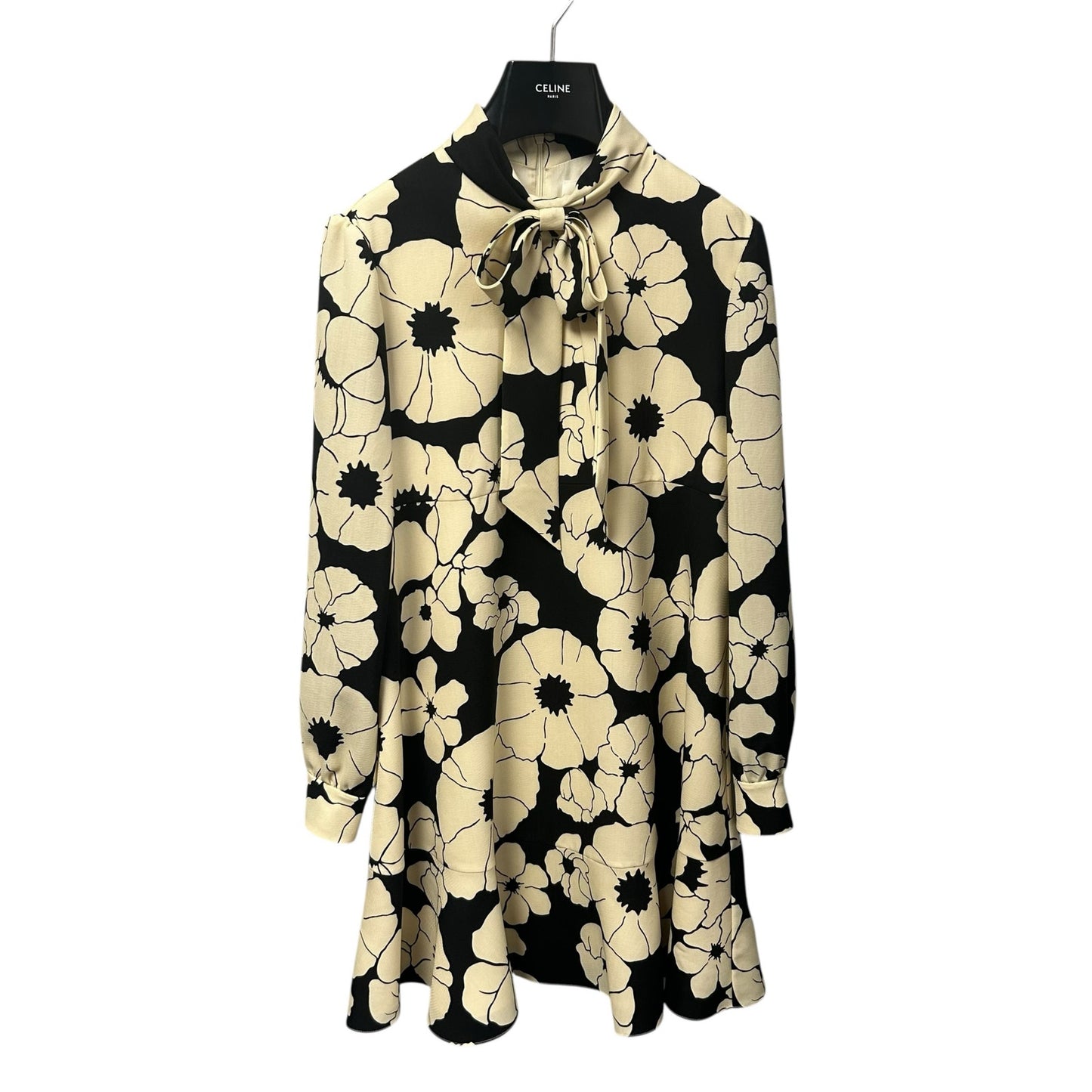 NWT Celine Cream Black Floral Skater Mini Dress in Wool Organza Womens 36 / US 4
