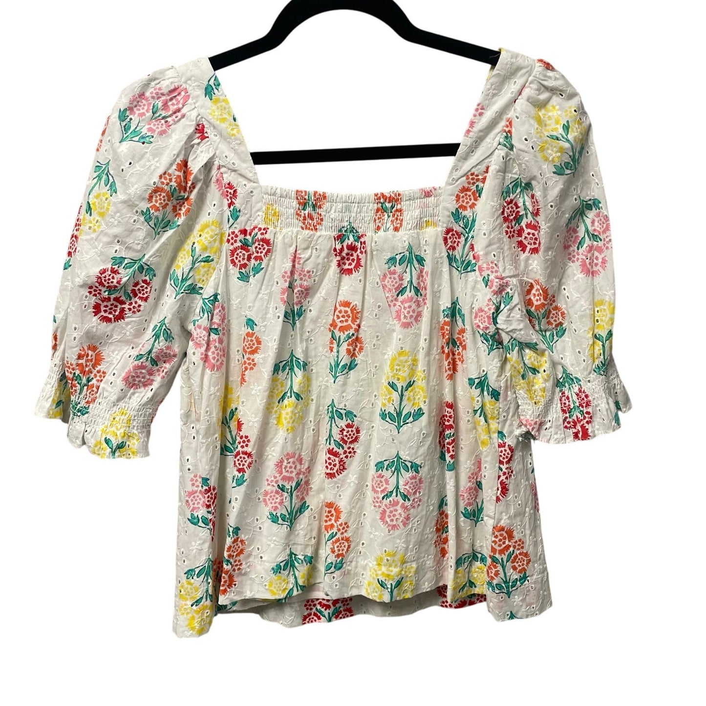 Draper James RSVP Eyelet Puff Shoulder Square Neck Top White Multi Floral Small