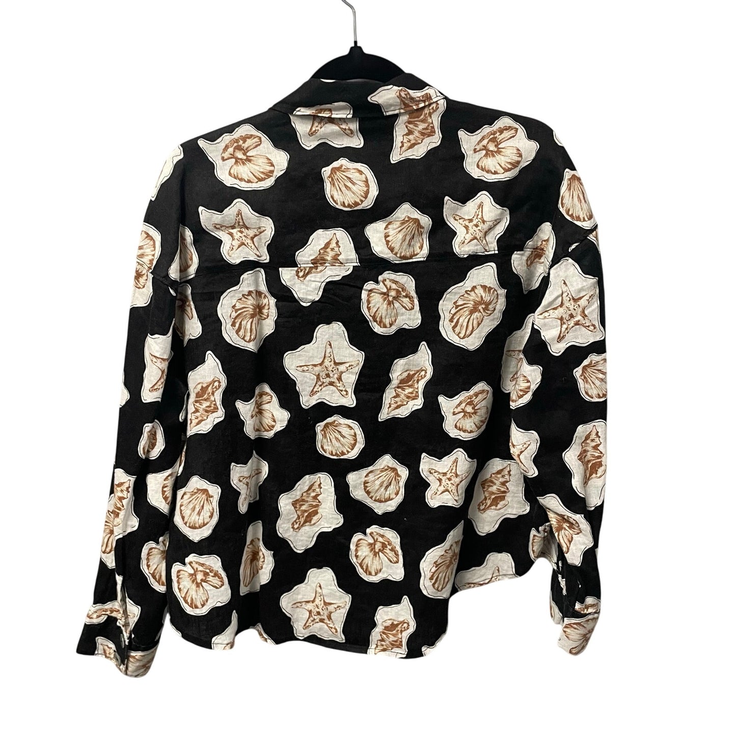 NWT Nicole Miller 100% Linen Long Sleeve Button Up Seashell Print Black Medium