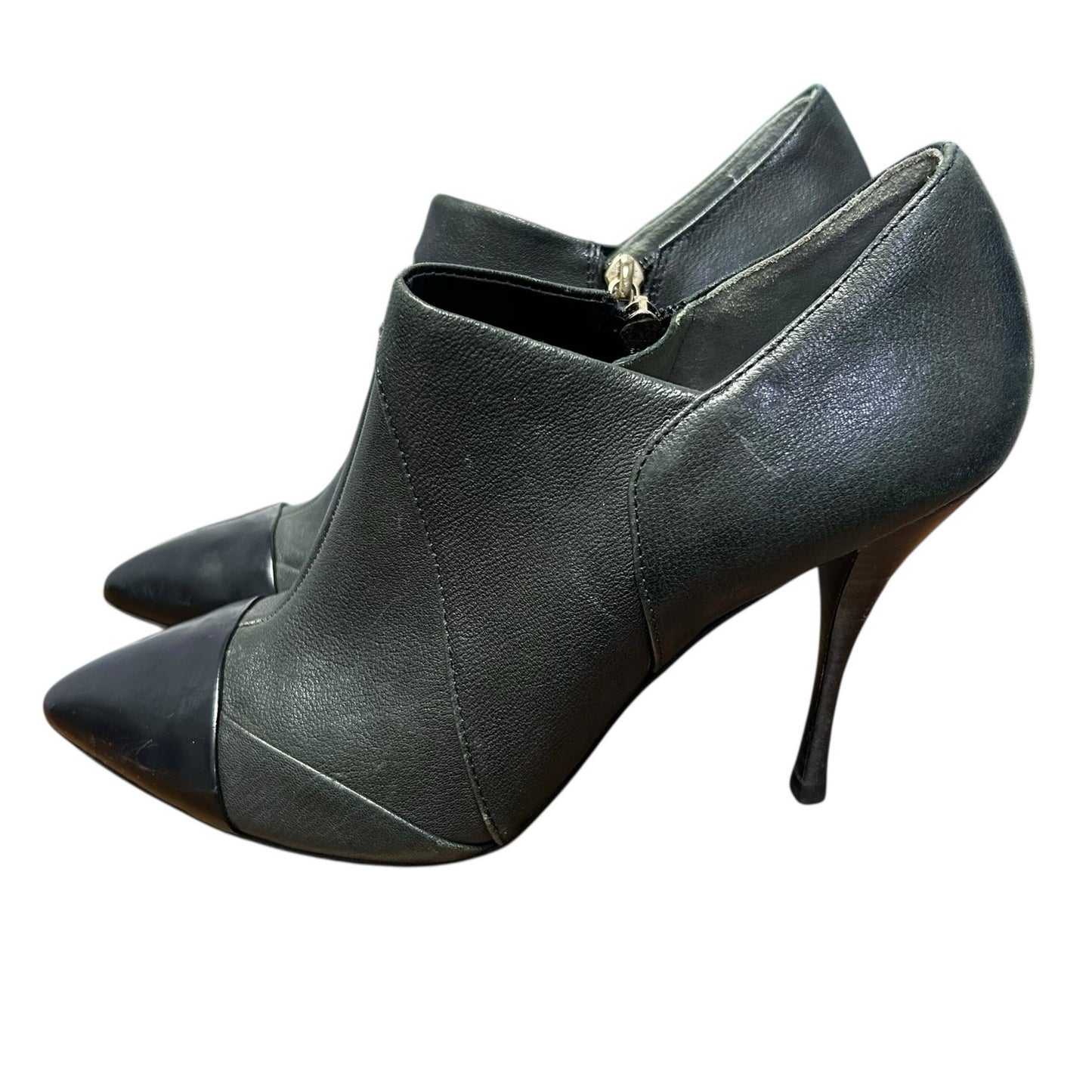 Tory Burch Charcoal Black Leather Lorelei Pointed Toe Side Zip Booties Womens 9