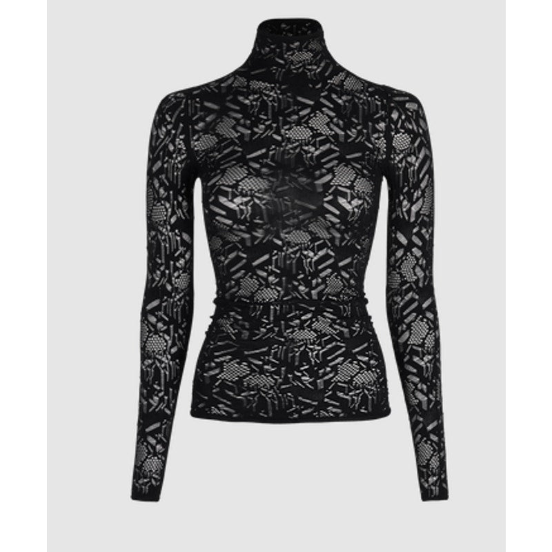 NWT Christian Dior Black Stretch Lace Long Sleeve Mock Neck Top Womens Medium