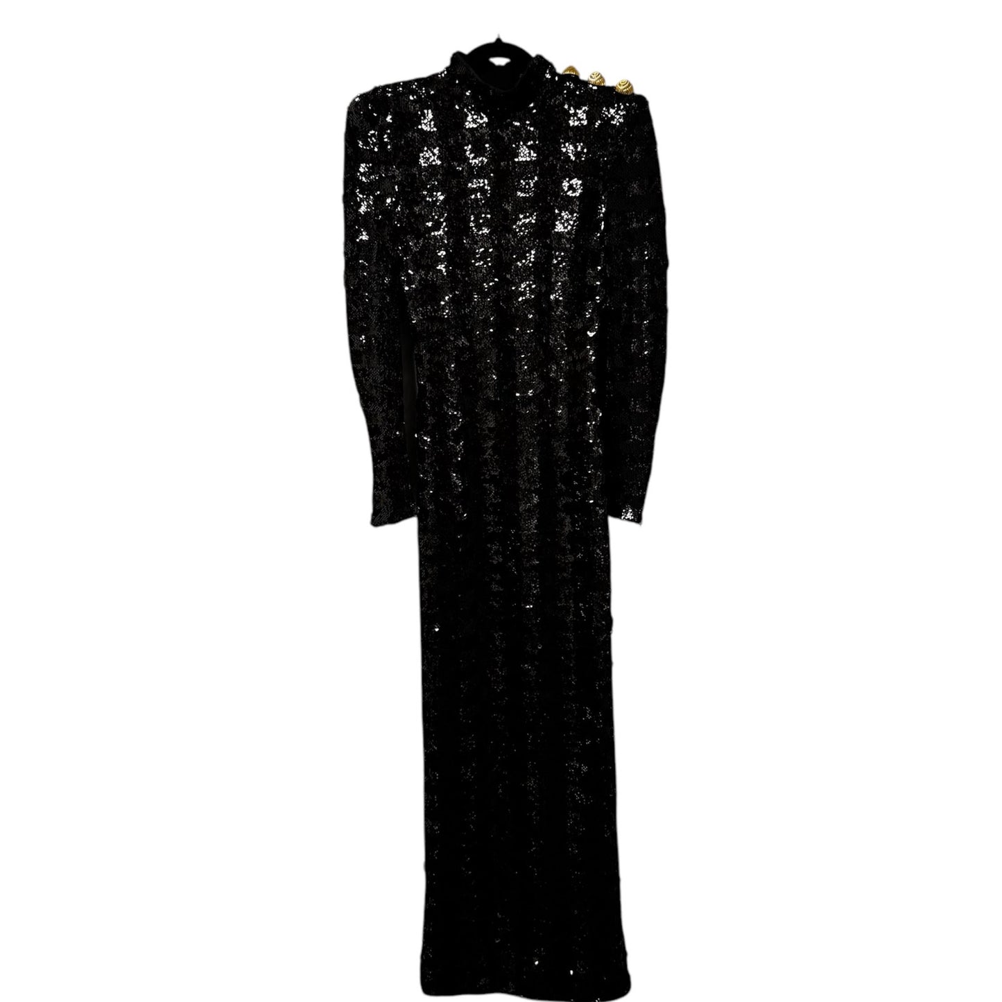 NWT Balmain Black Sequin Gold Button High Collar Fitted Long Maxi Dress Women 36