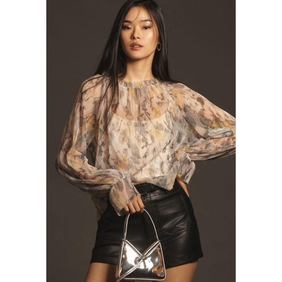 By Anthropologie Long Sleeve Printed Sheer Blouse Womens XS