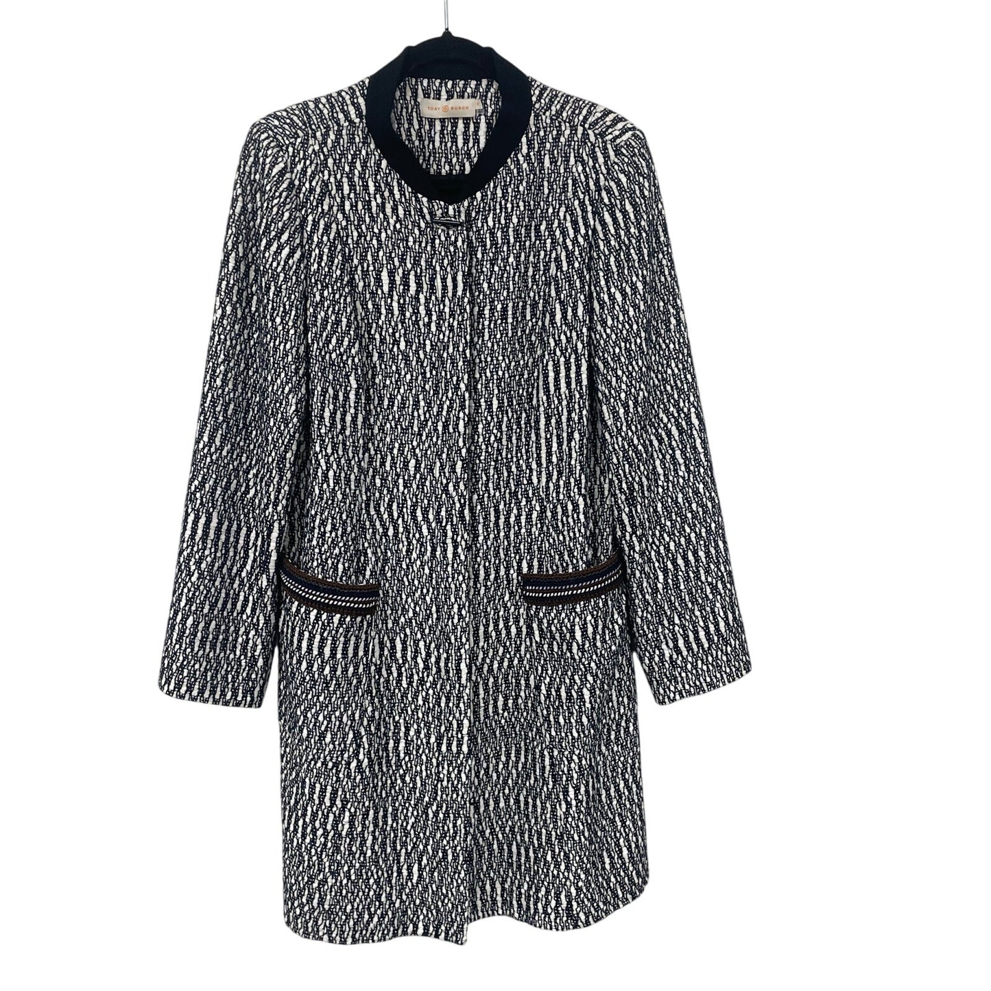 Tory Burch Button Front Boucle Tweed Coat Black Blue White Brown Womens 12