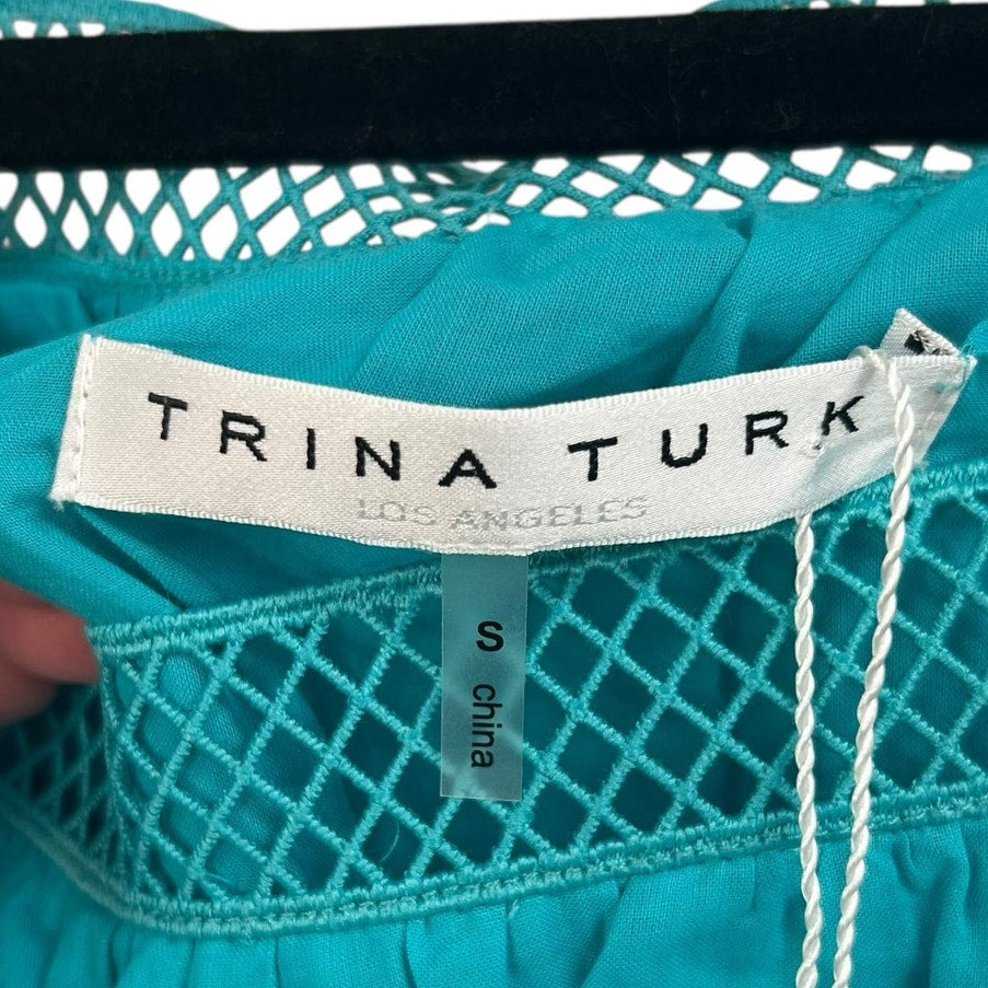 NWT Trina Turk Oasis Blue Square Neckline 3/4 Sleeve El Arsa Top Womens Small