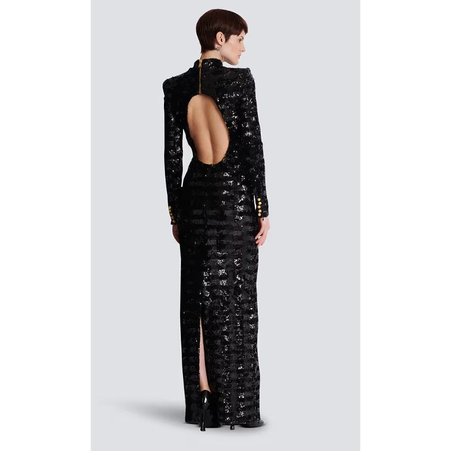 NWT Balmain Black Sequin Gold Button High Collar Fitted Long Maxi Dress Women 36