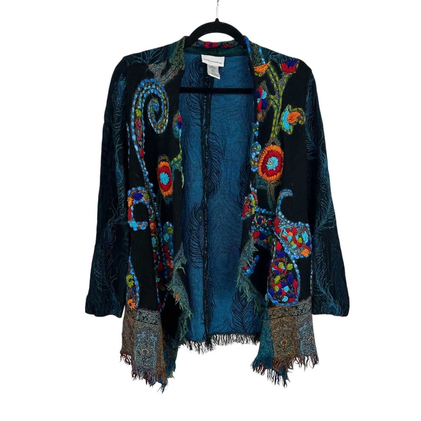 Soft Surroundings Black Multicolor Abstract Floral Print Wool Cardigan Womens XS