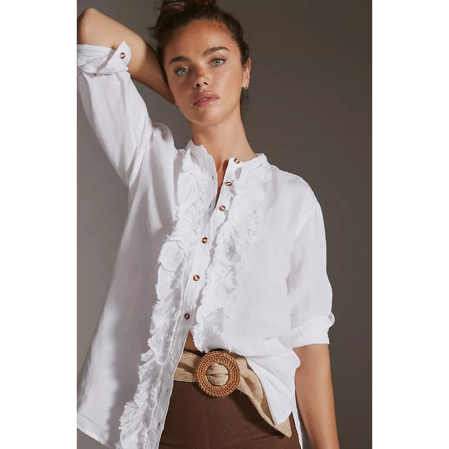 Pilcro White Long Cuff Sleeve Ruffle Button Down Linen Top Womens Medium