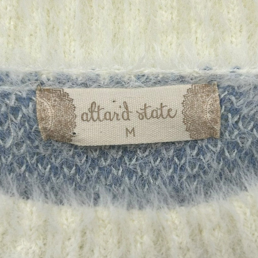 Altar’d State Cream Blue Sun Mountain Scene Raw Hem Sweater Womens Medium
