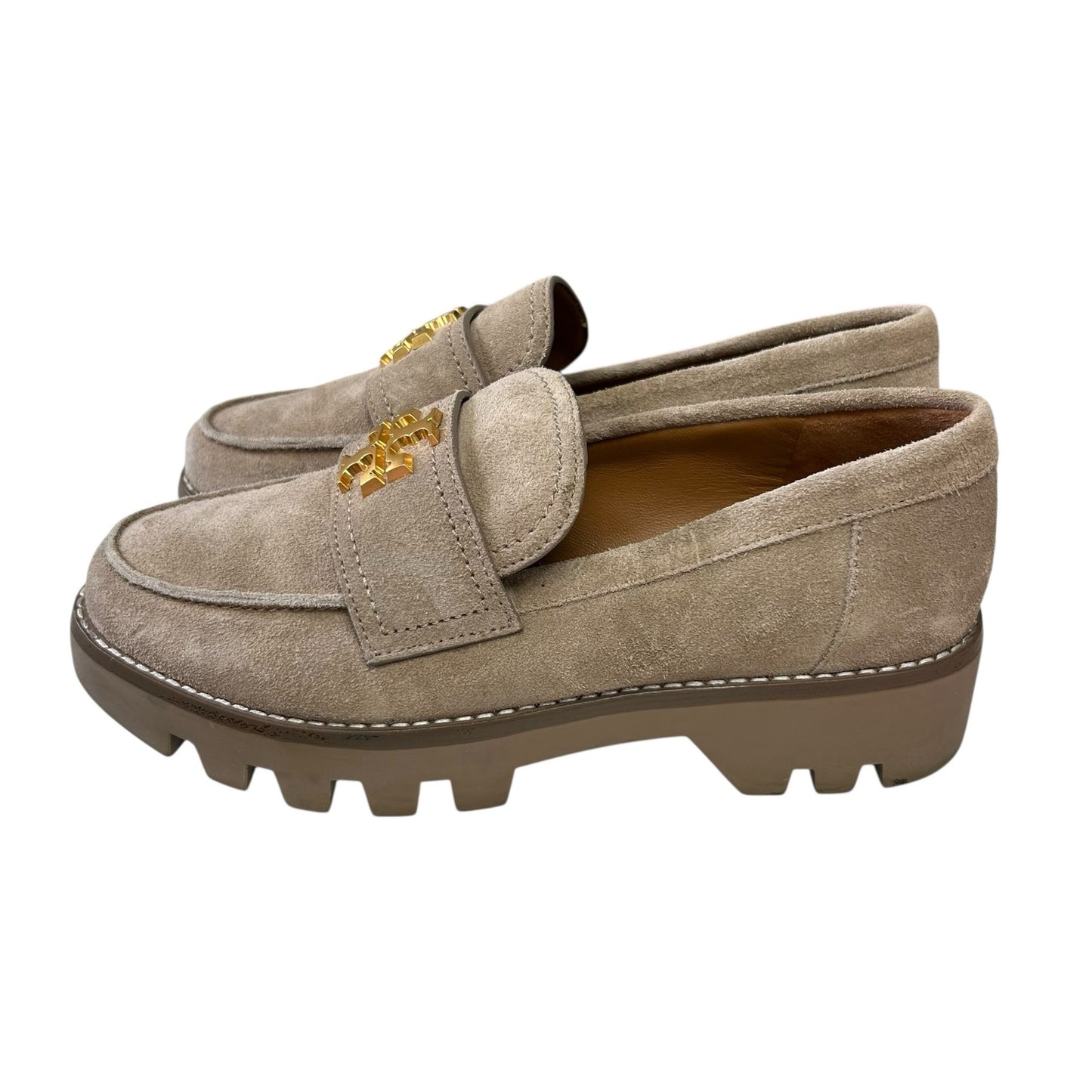 Tory Burch Avola Tan Suede Leather Gold Logo Everly Chunky Loafers Womens 6