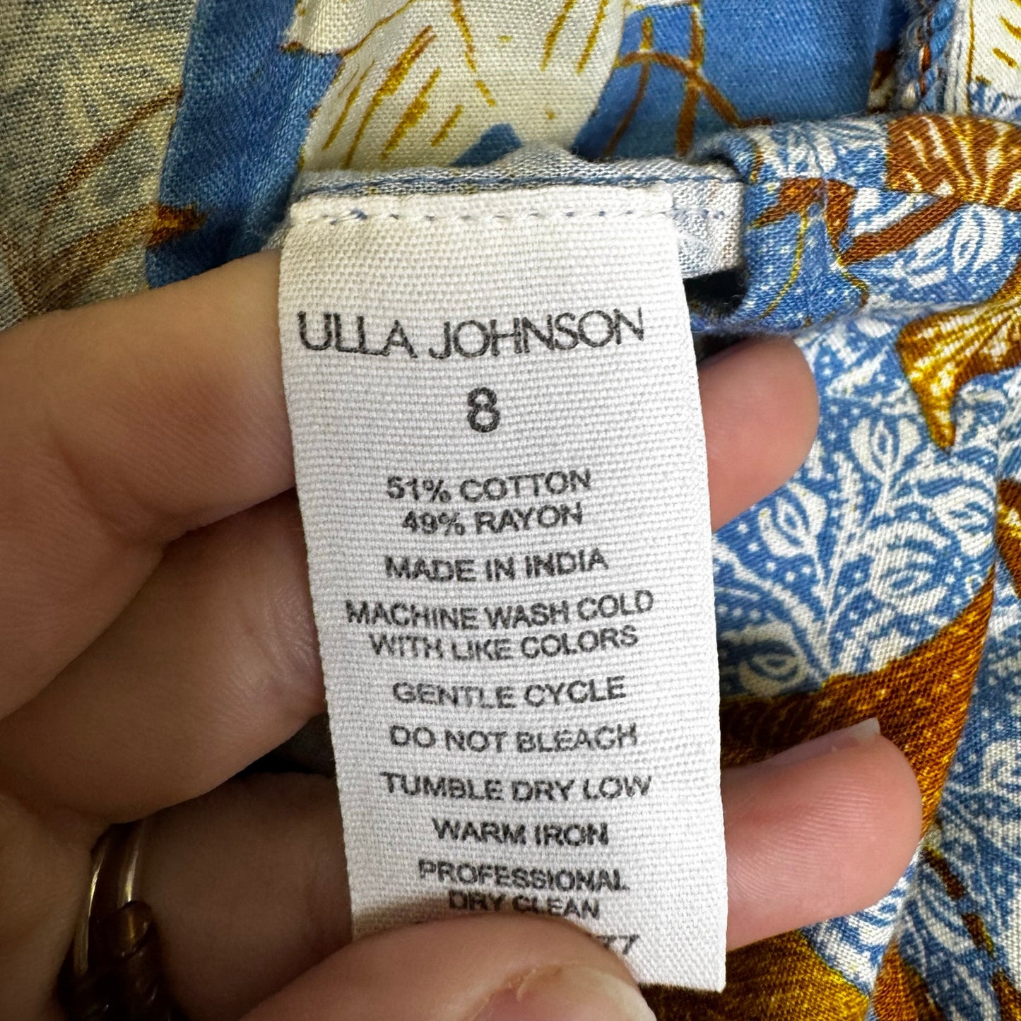 Ulla Johnson Blue Orange Floral Flutter Sleeve V Neck Cotton Top Womens 8