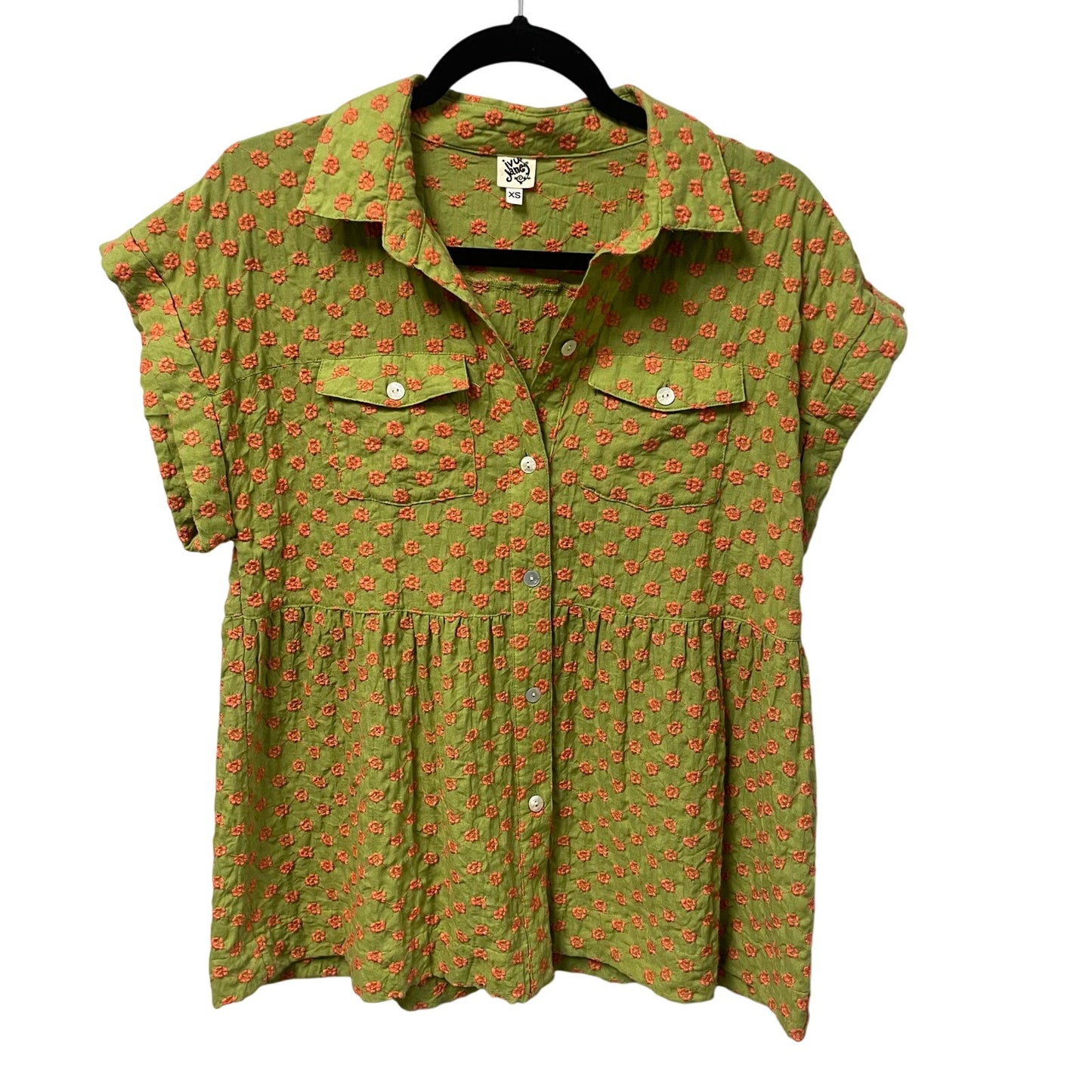 Ivy Jane Ginger Floral Embroidered Short Sleeve Button Up Green Coral Womens XS
